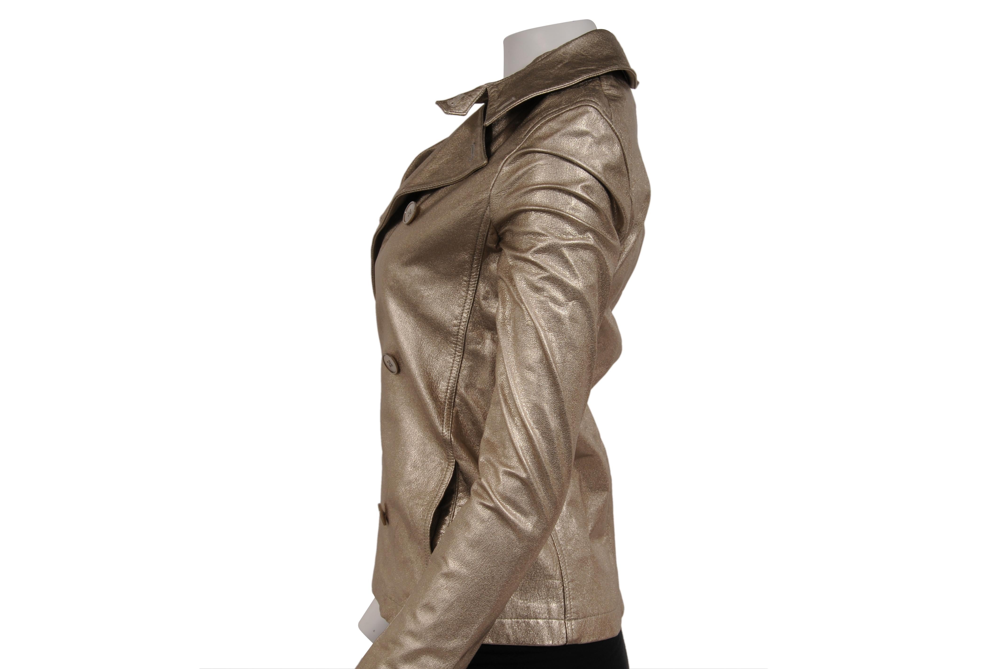 Ralph Lauren Chaqueta Buker Púrpura Doble Pechera Talla Mediana Abrigo Cuero Dorado en venta 1