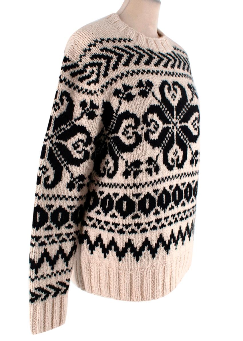 Ralph Lauren Purple Label Schwarz & Creme Fairisle Pullover gestrickt
 

 - Dickes Woll-Kaschmir-Mischgarn
 - Cremefarbener Boden mit schwarzem Fairisle-Muster
 - Gerippter Rundhalsausschnitt, Ärmel und Saum
 

 Materialien 
 Kaschmir 
 Wolle 
 

