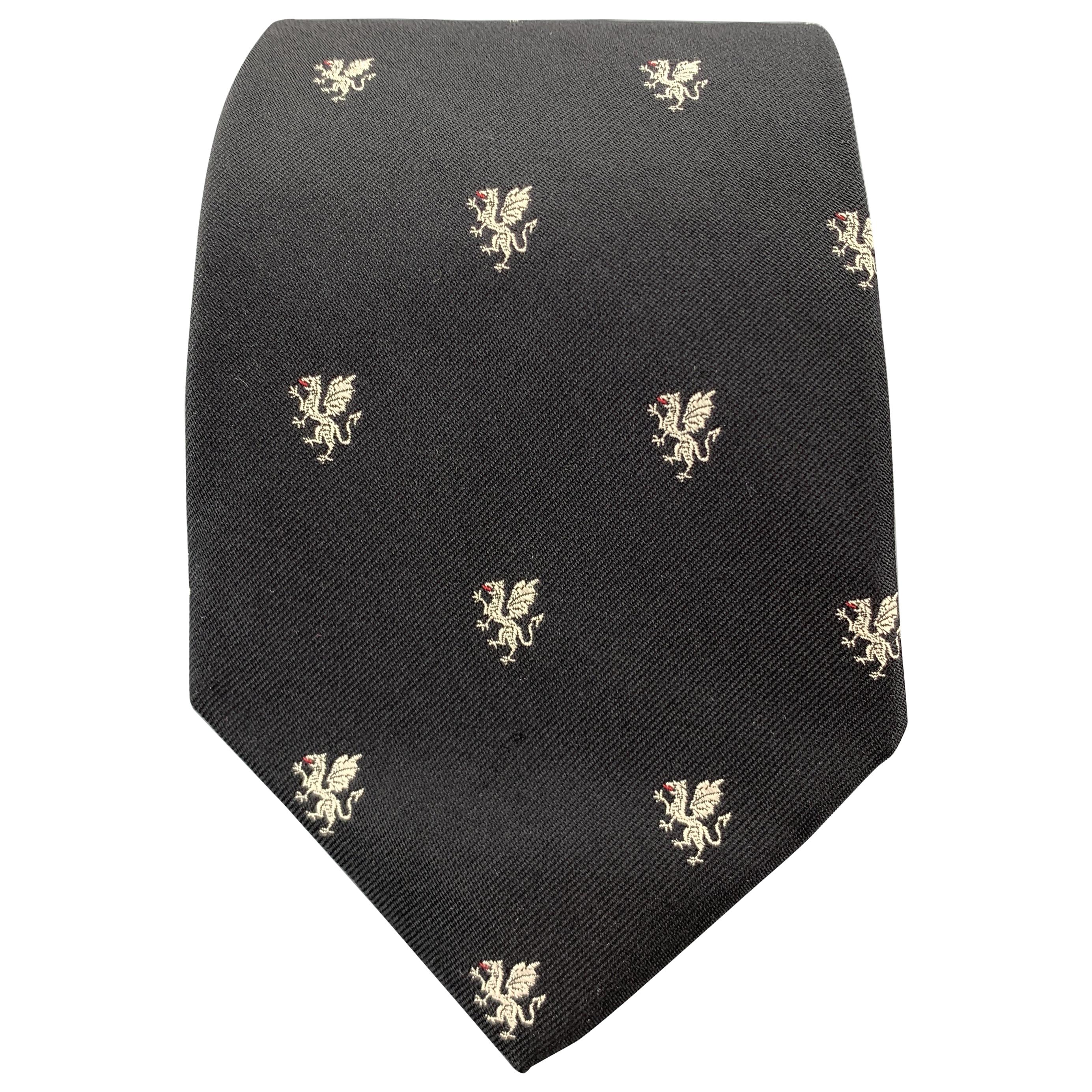 RALPH LAUREN Purple Label Black Dragon Print Silk Tie