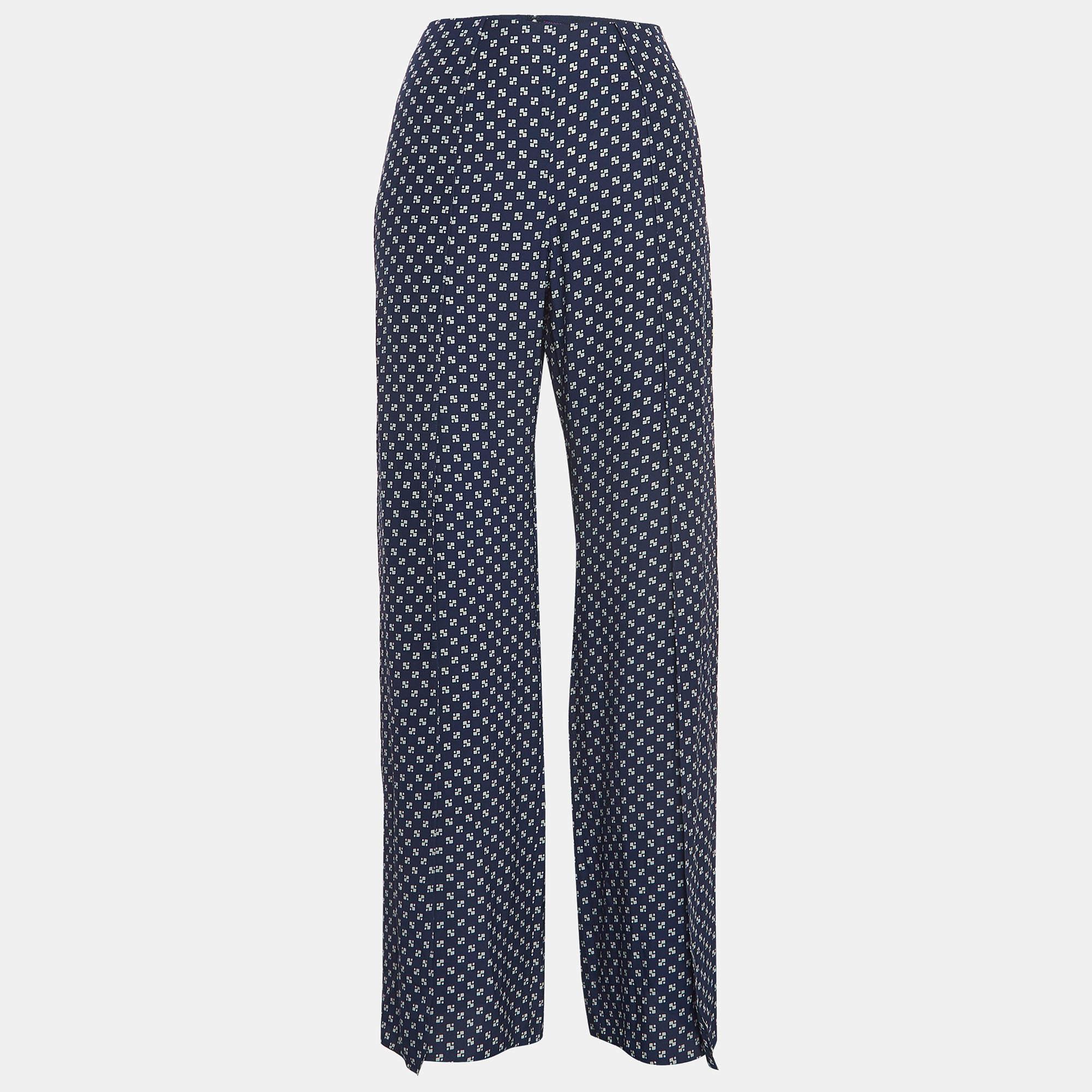 Ralph Lauren Purple Label Blue Printed Silk High Slit Wide-Leg Pants M 1