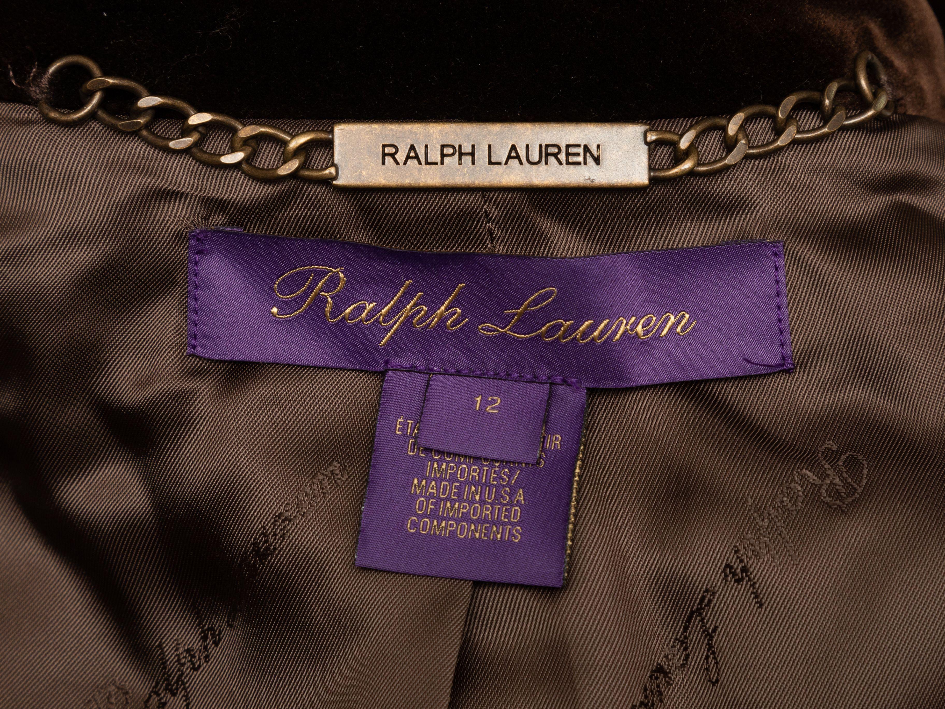 Product Details: Brown velvet 50th anniversary Celessee blazer by Ralph Lauren Purple Label. Notched collar. Three front pockets. Toggle button closures at front. 40