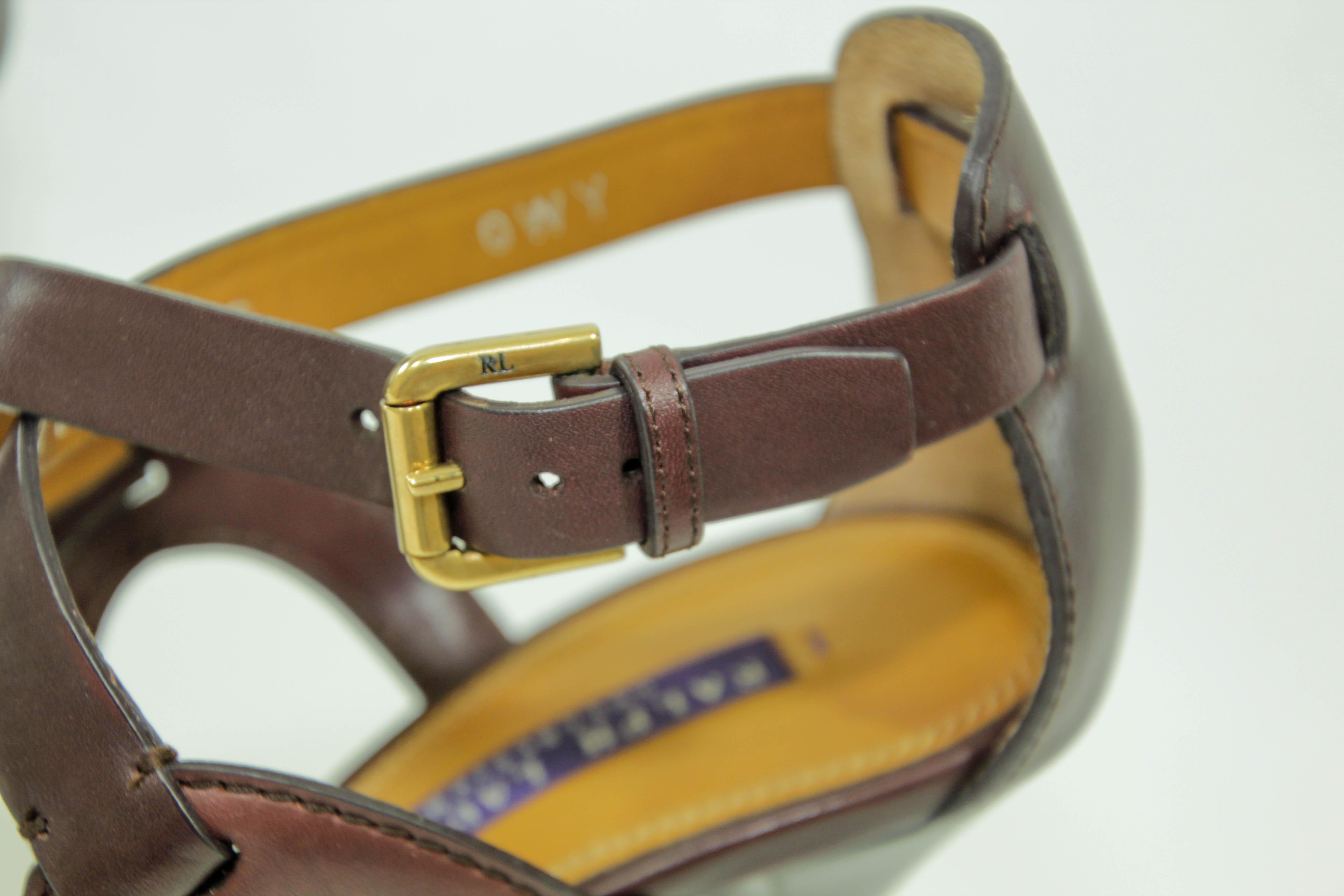 Ralph Lauren Purple Label Brown Leather Ankle Strap Sandals Size 6 B For Sale 5