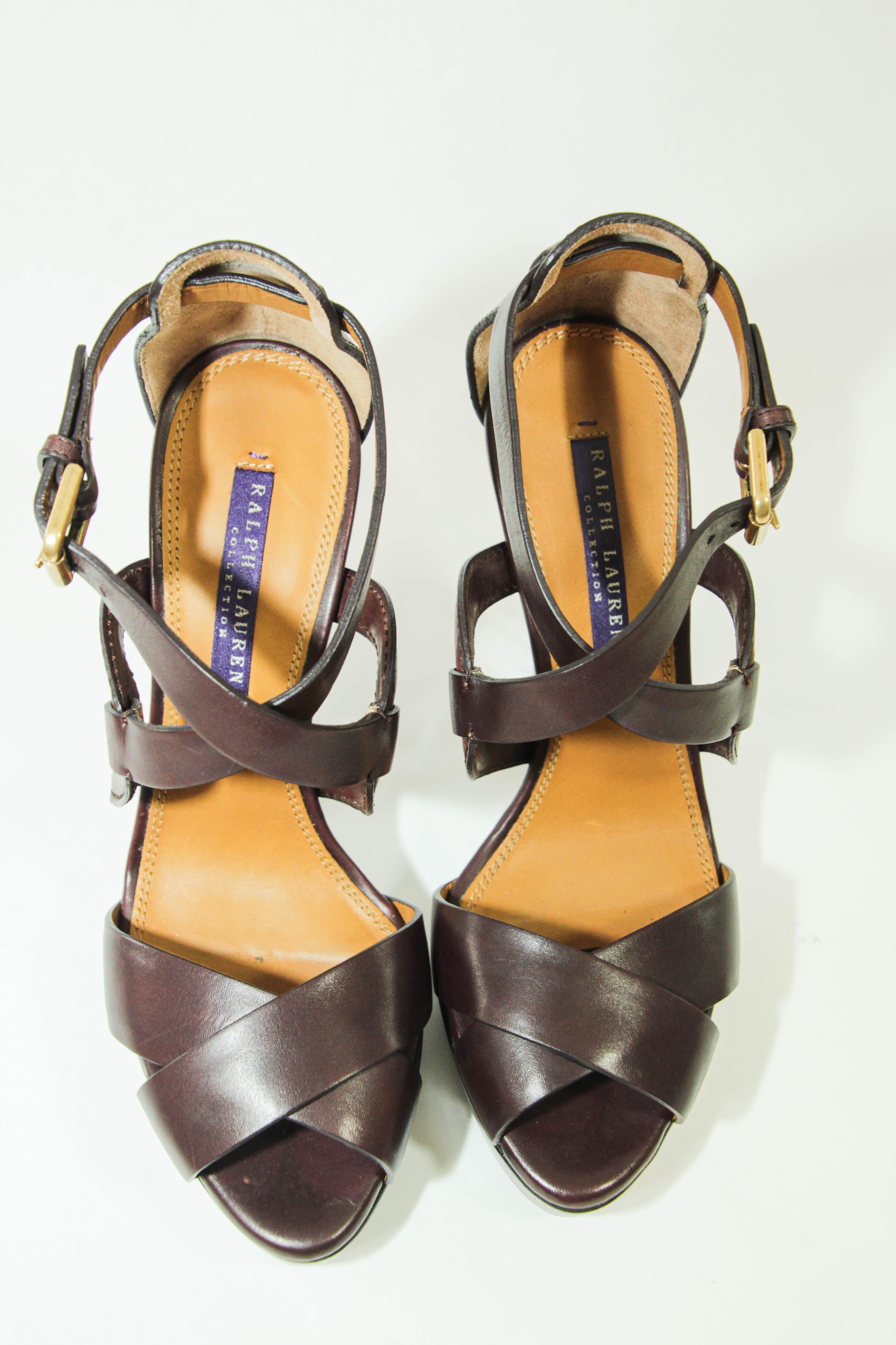 Ralph Lauren Purple Label Brown Leather Ankle Strap Sandals Size 6 B For Sale 6