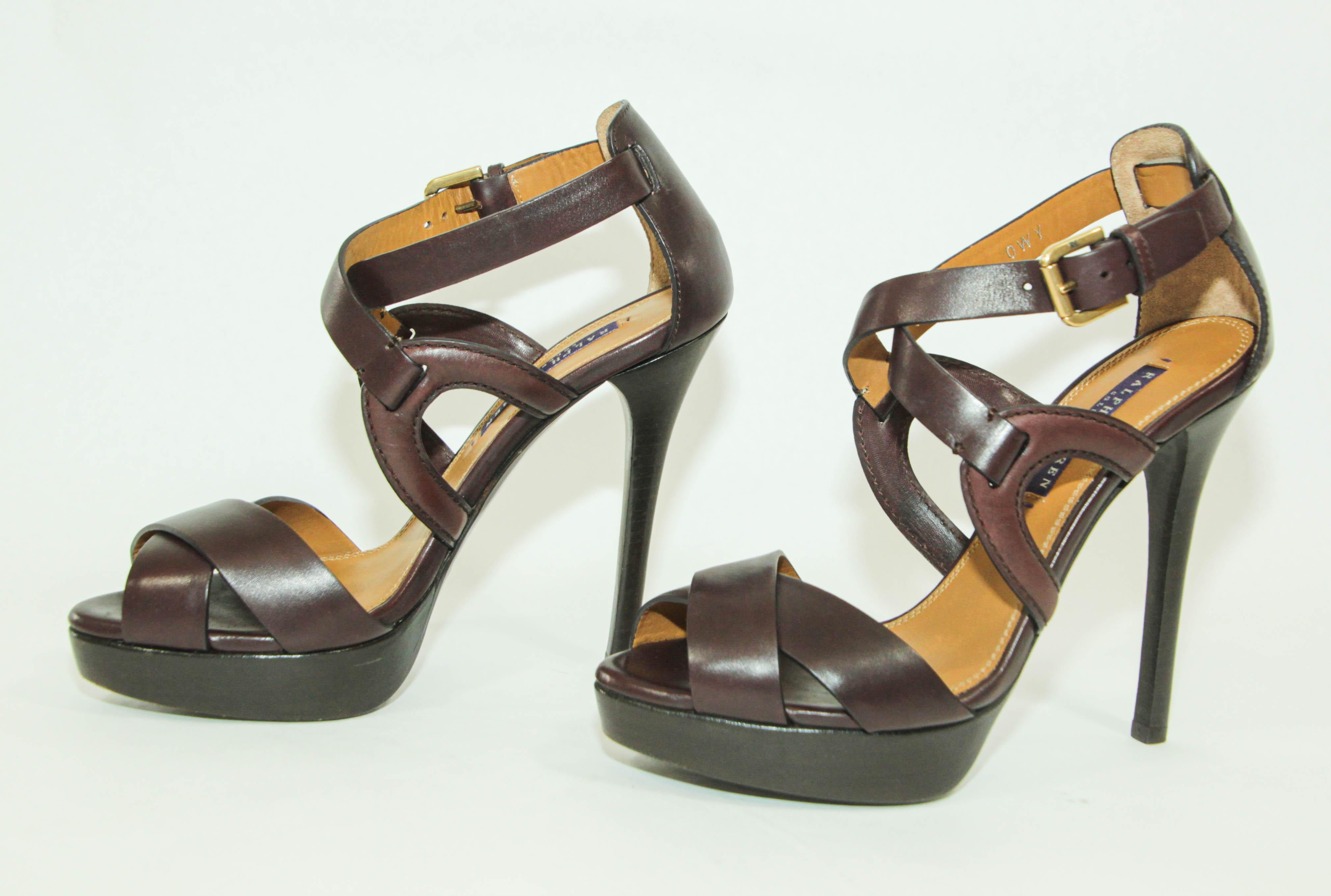 Ralph Lauren Purple Label Brown Leather Ankle Strap Sandals Size 6 B For Sale 7