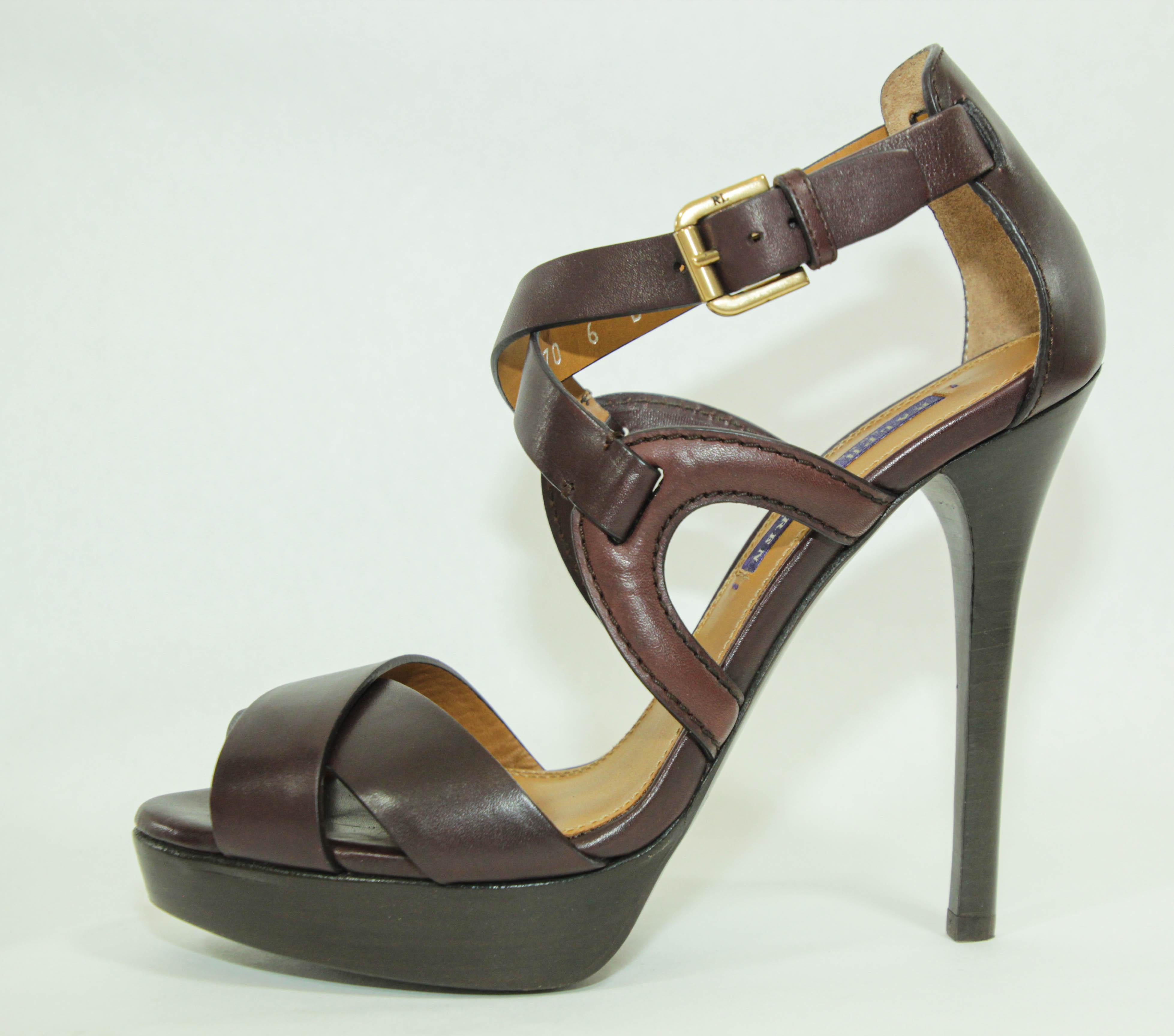 Ralph Lauren Purple Label Brown Leather Ankle Strap Sandals Size 6 B For Sale 8