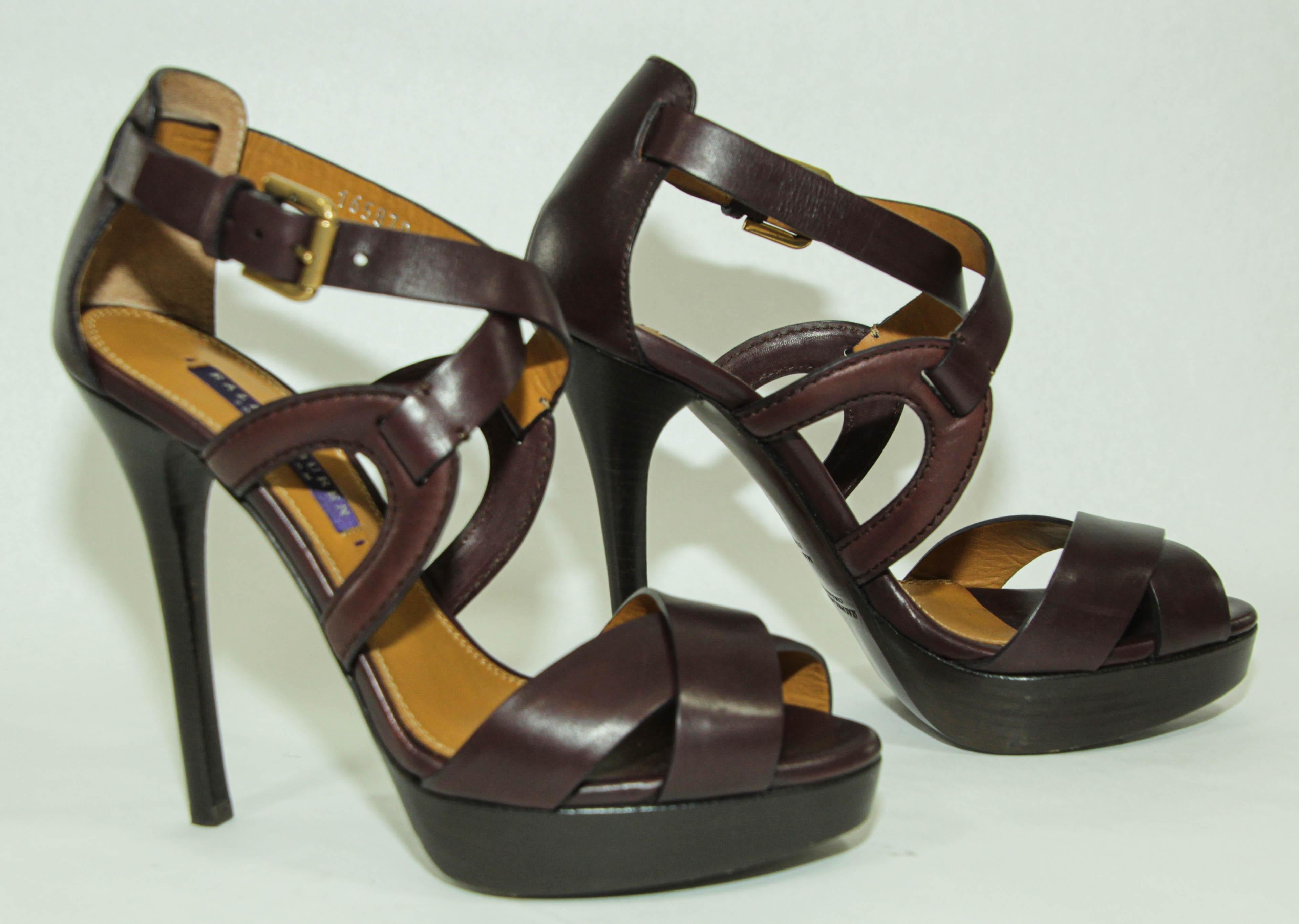 Ralph Lauren Purple Label Brown Leather Ankle Strap Sandals Size 6 B For Sale 11