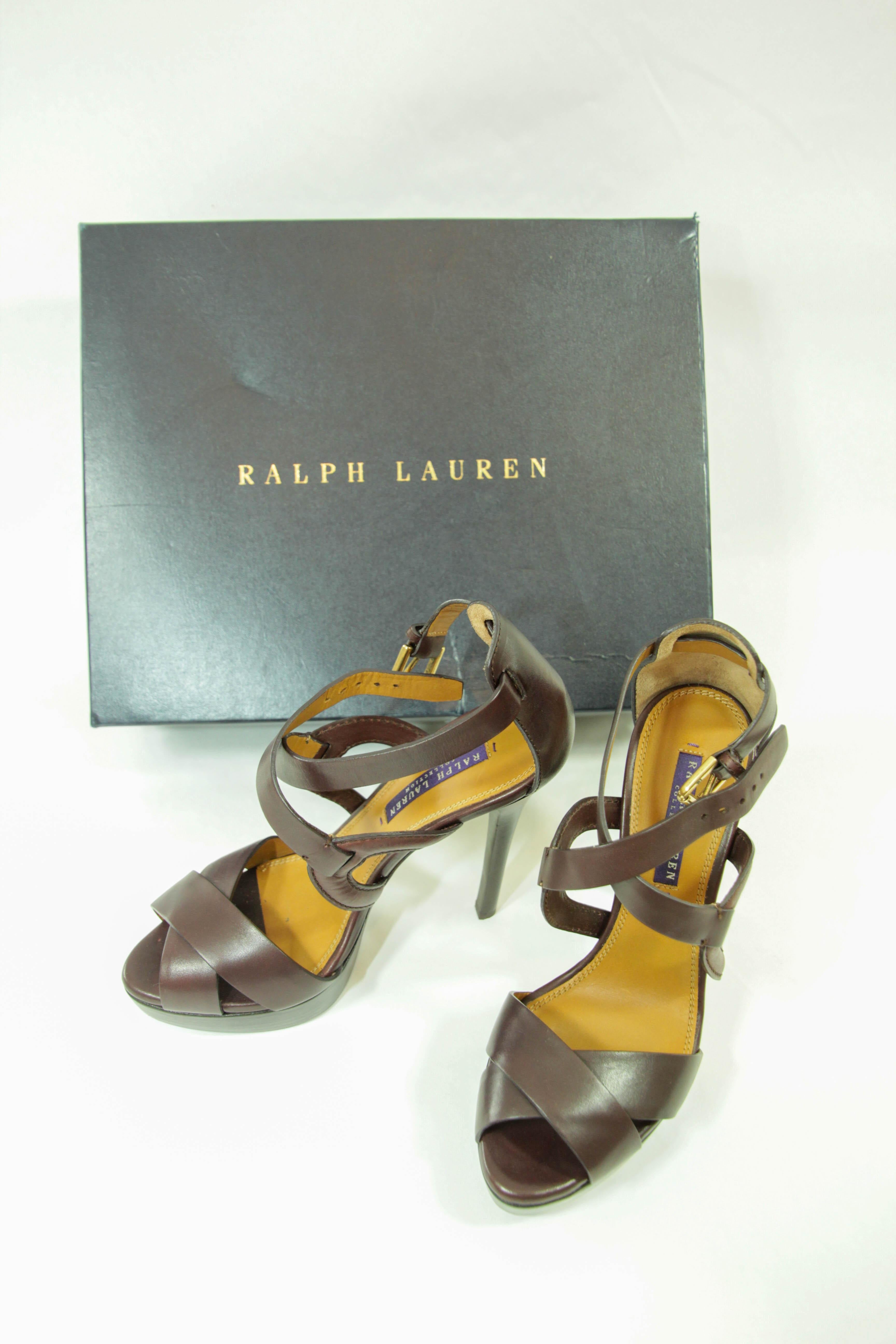 Ralph Lauren Purple Label Brown Leather Ankle Strap Sandals Size 6 B For Sale 14