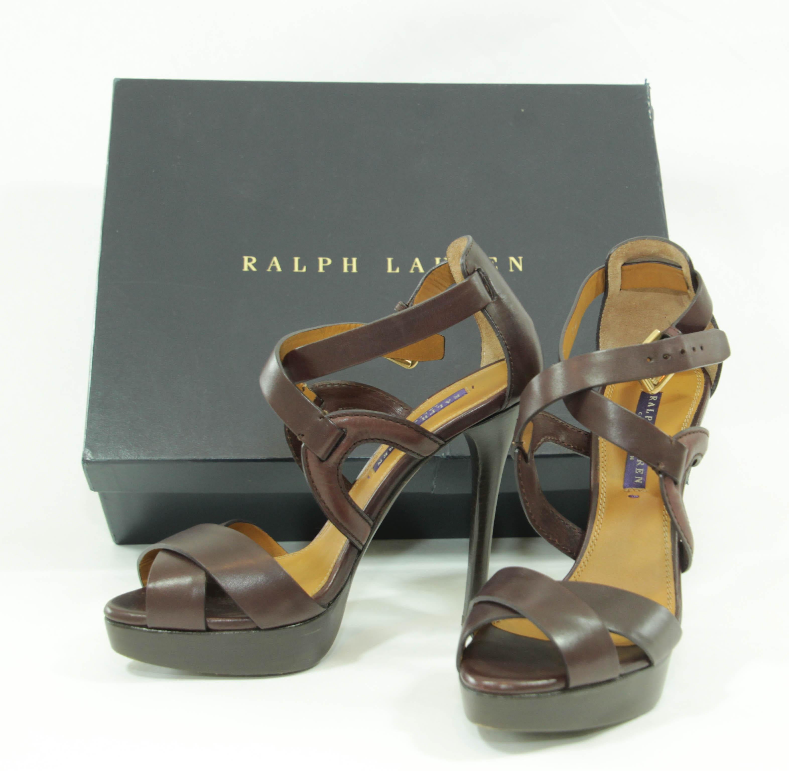 Black Ralph Lauren Purple Label Brown Leather Ankle Strap Sandals Size 6 B For Sale