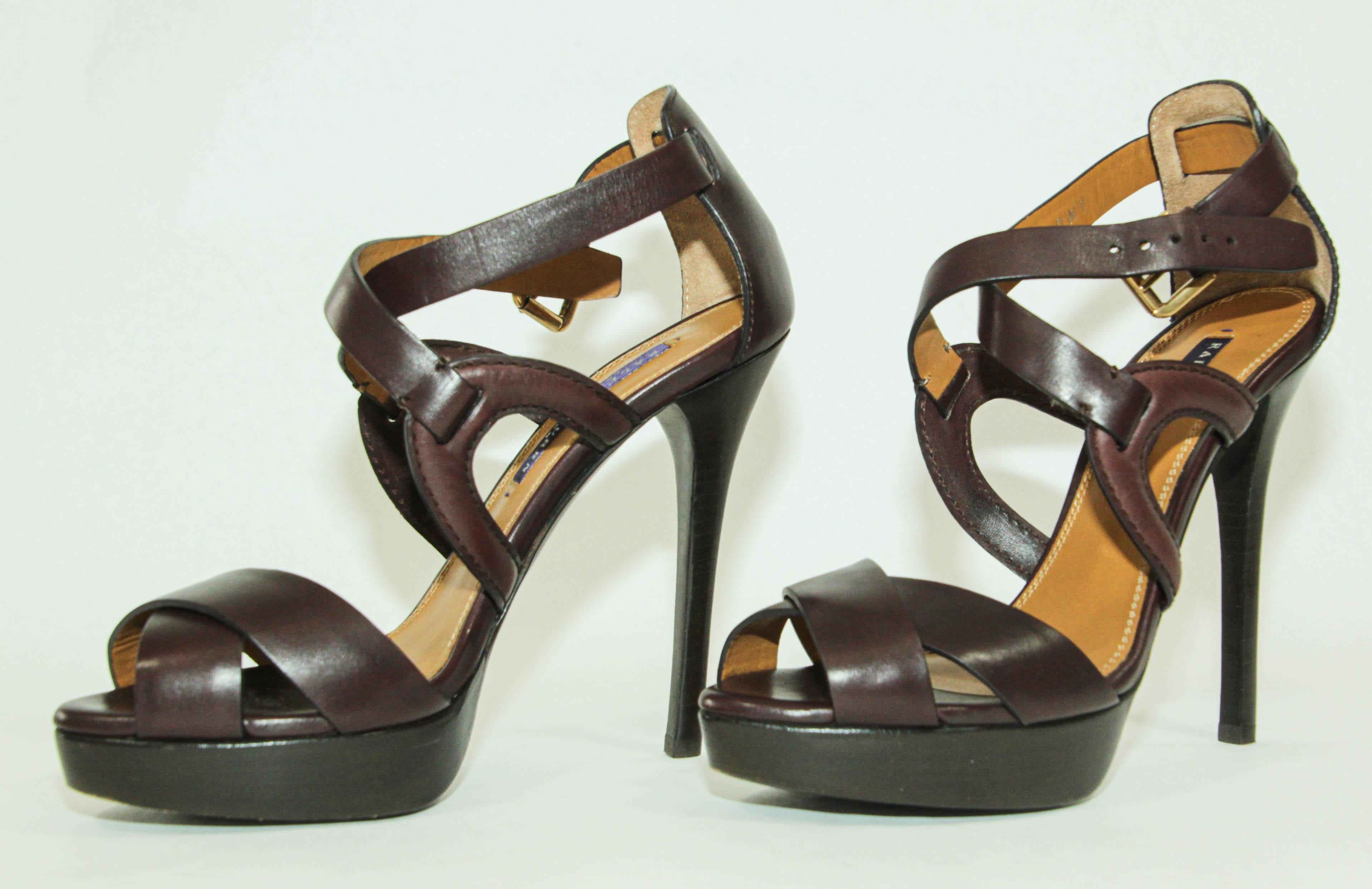 Ralph Lauren Purple Label Brown Leather Ankle Strap Sandals Size 6 B In Good Condition For Sale In North Hollywood, CA