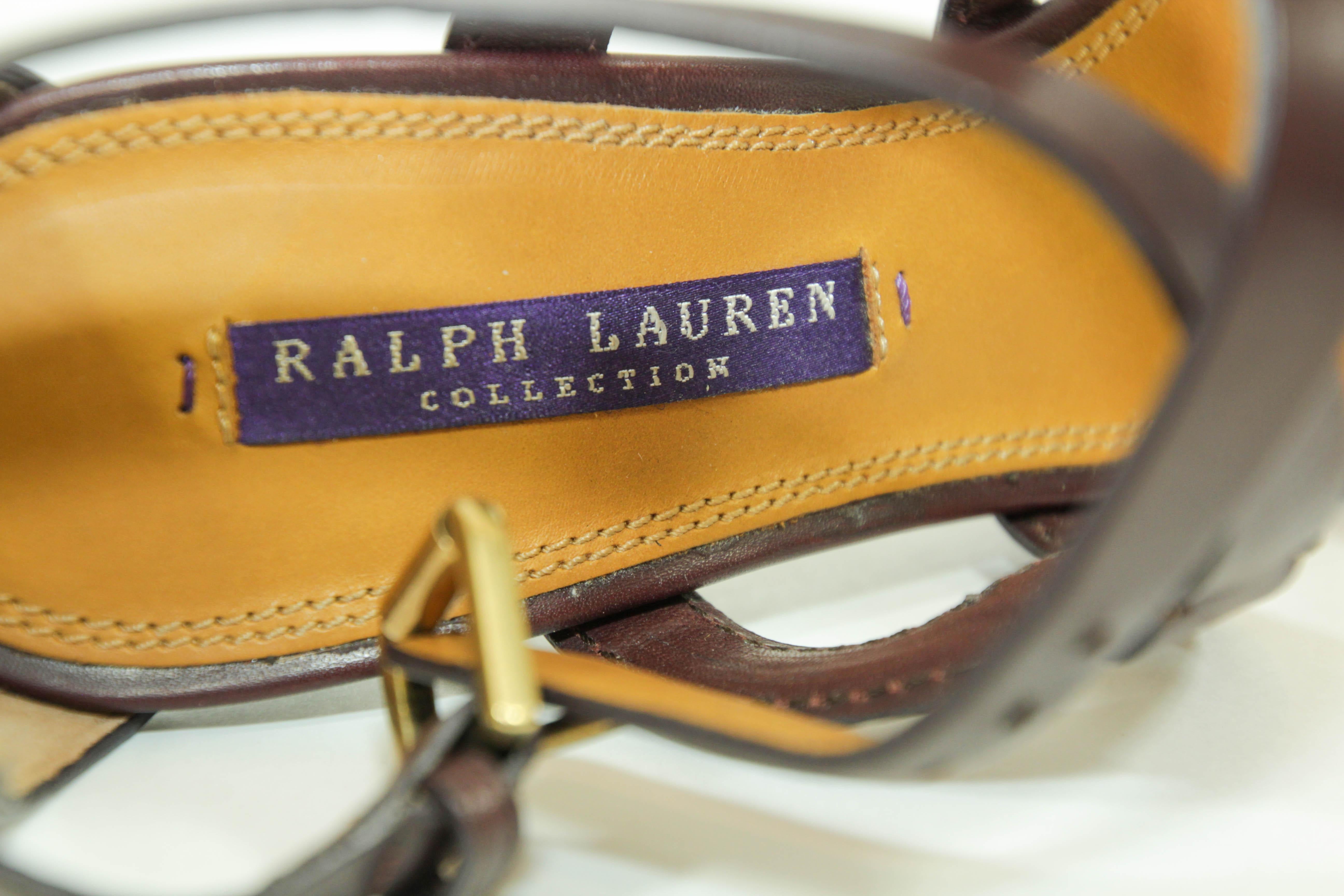 Ralph Lauren Purple Label Brown Leather Ankle Strap Sandals Size 6 B For Sale 1