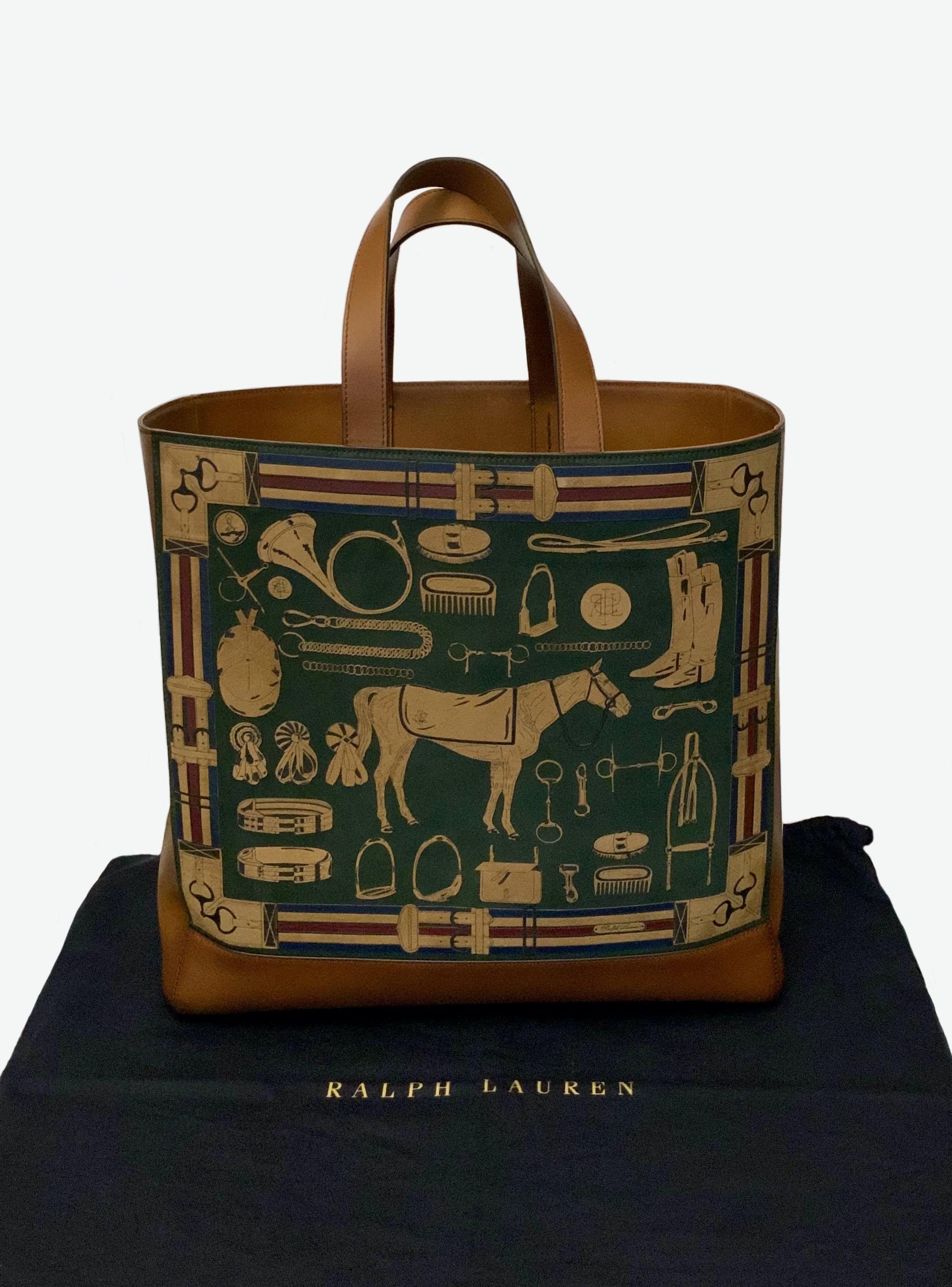 This pre-owned tote bag from Ralph Lauren Purple Label is crafted in a soft natural calfskin leather and features a front panel with horseback-ridind and hunting 