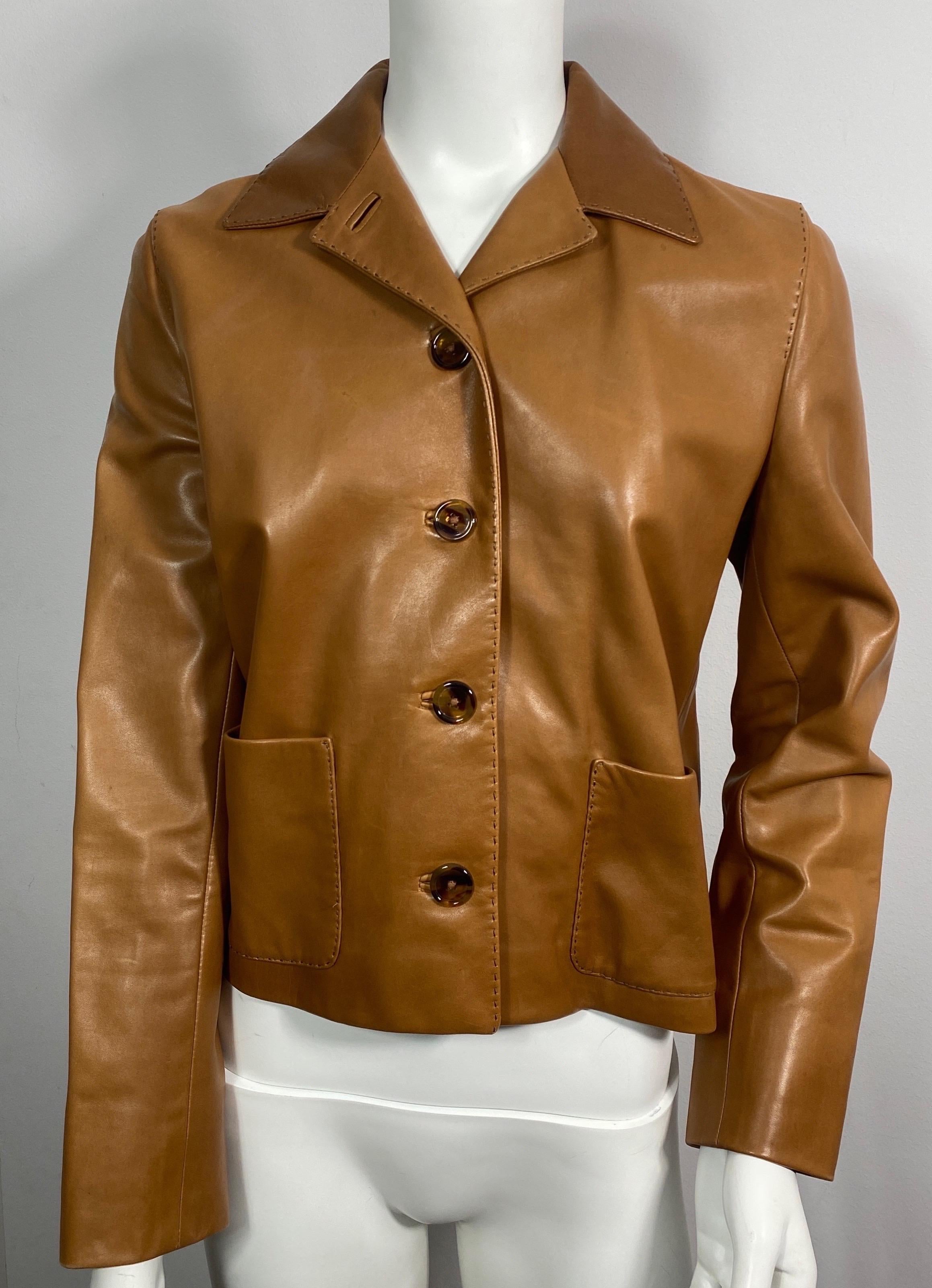 Ralph Lauren Purple Label Caramel Leather Jacket -Size 6 In Excellent Condition For Sale In West Palm Beach, FL