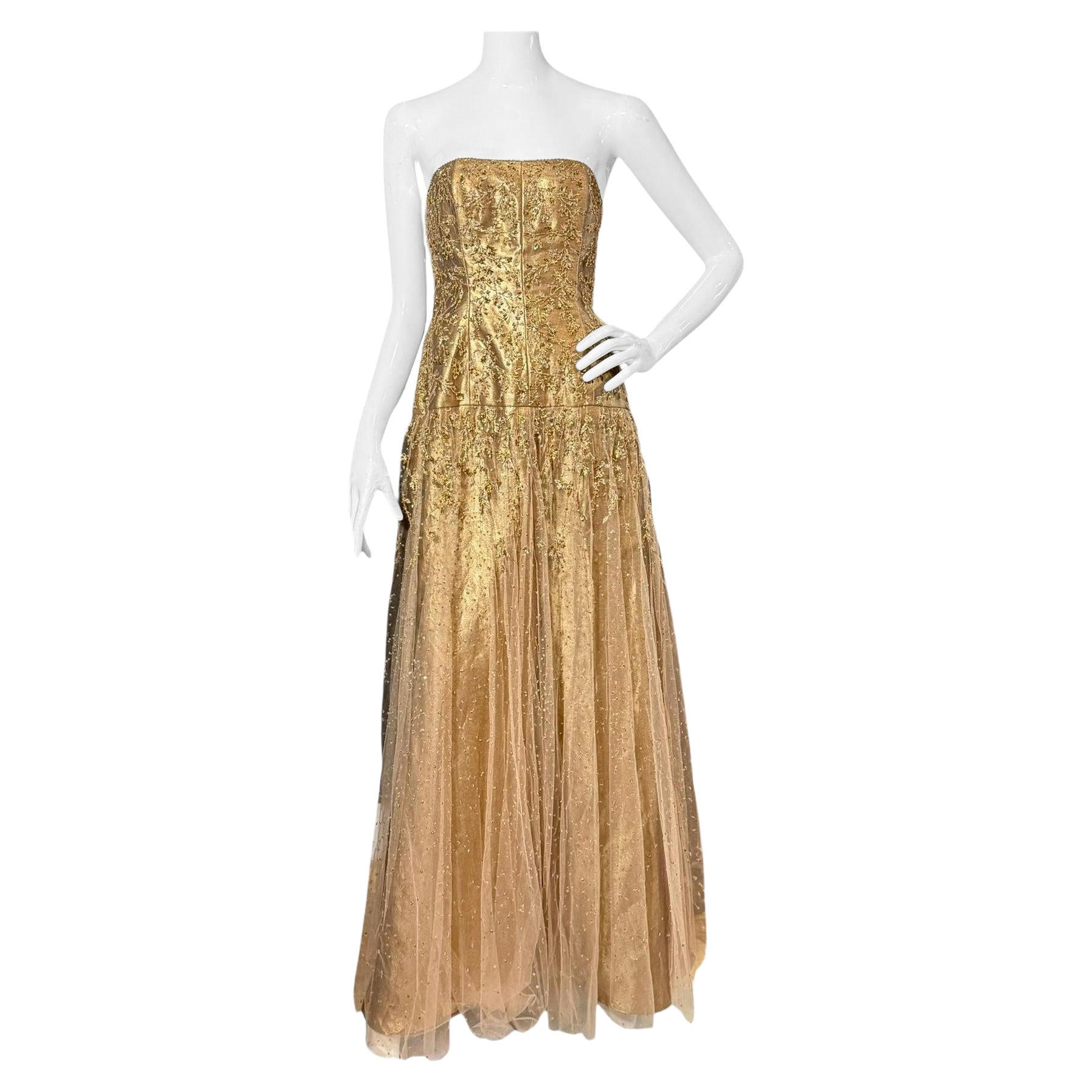Ralph Lauren Purple Label - Abito senza spalline in tulle con perline dorate - Look finale, A/I 2006 in vendita