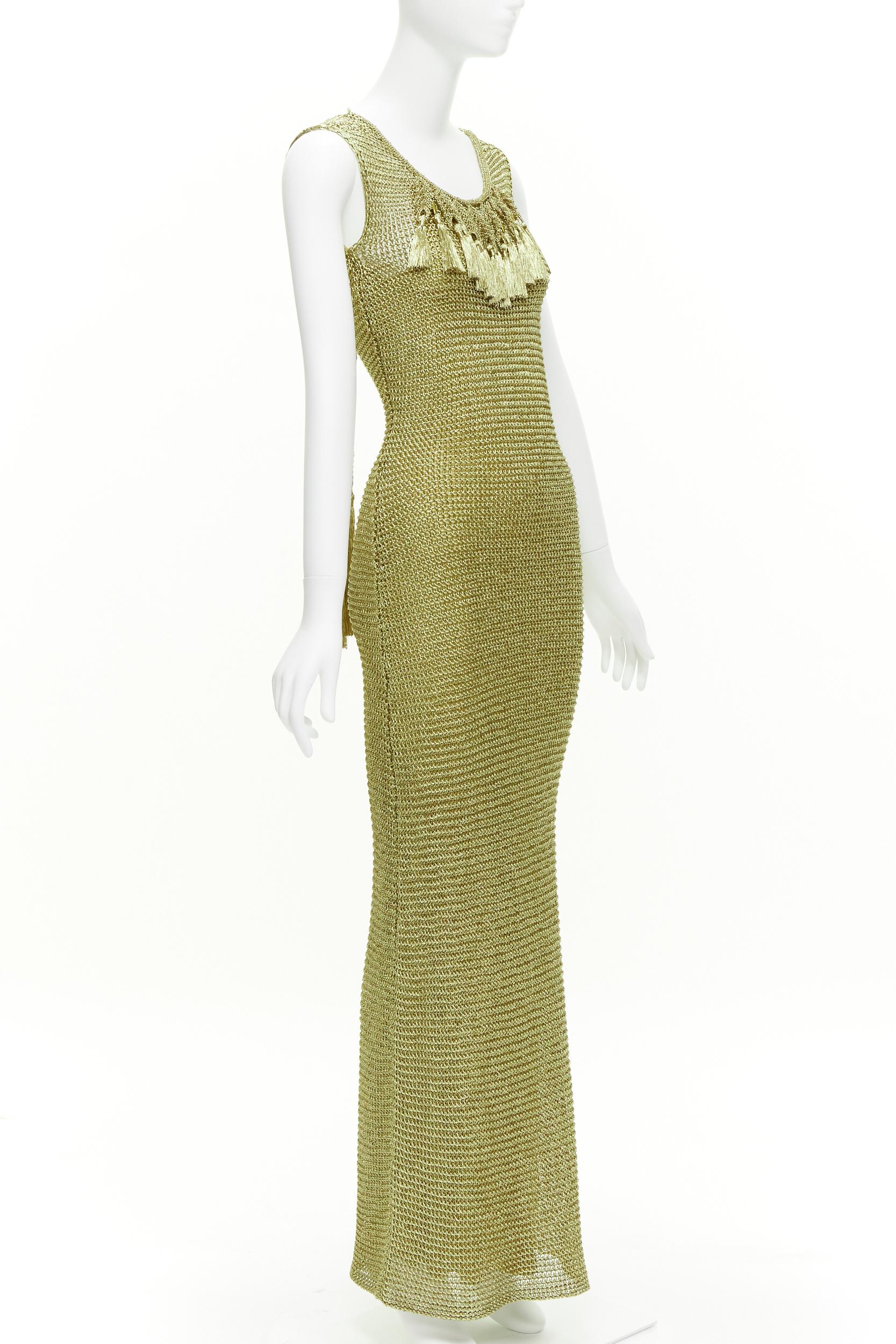 RALPH LAUREN PURPLE LABEL hand knit gold tassel crochet midi evening gown dress  In Excellent Condition For Sale In Hong Kong, NT