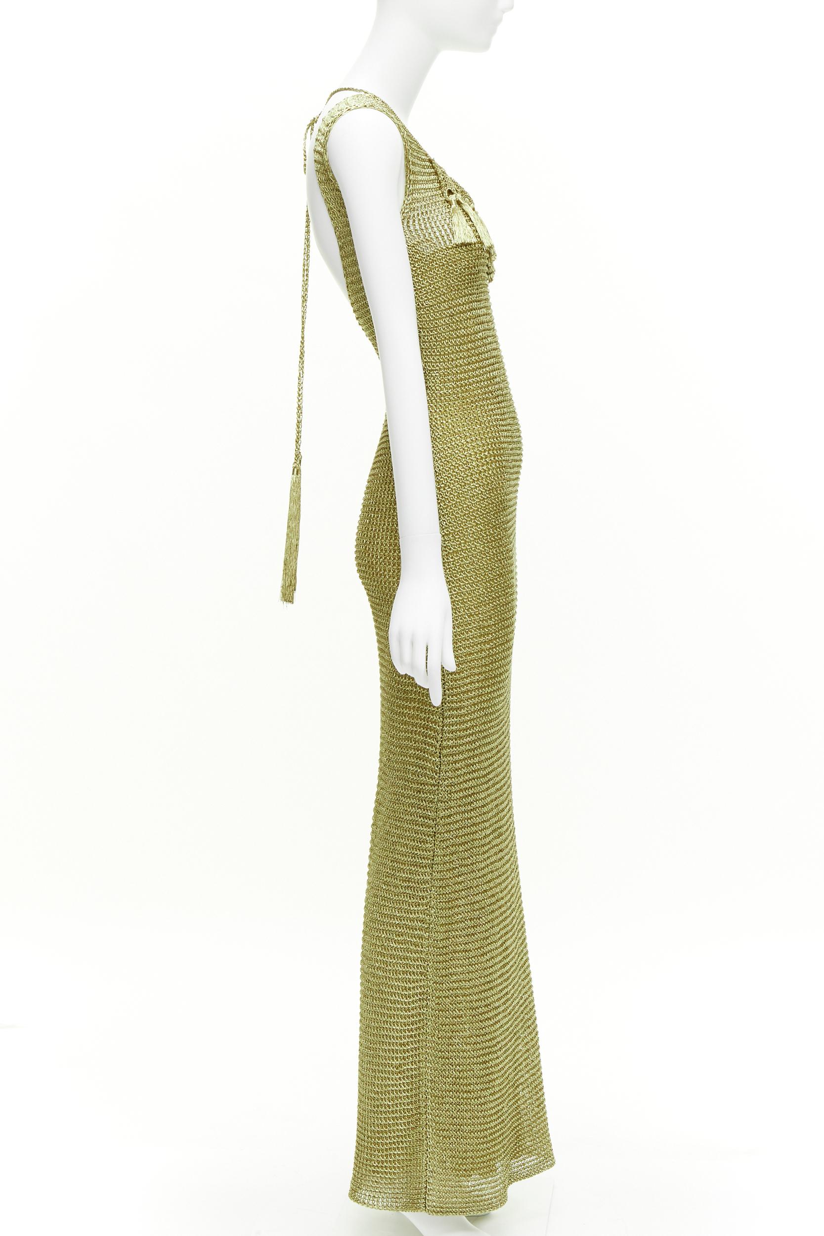 Women's RALPH LAUREN PURPLE LABEL hand knit gold tassel crochet midi evening gown dress  For Sale