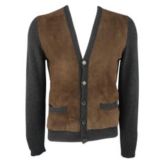 RALPH LAUREN PURPLE LABEL M Charcoal & Brown Knitted Cashmere Cardigan Sweater