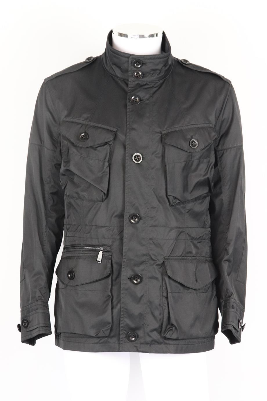 Ralph Lauren Purple Label men's shell utility jacket. Black. Long sleeve, crewneck. Zip fastening at front. 54% Cotton, 46% nylon; lining: 58% nylon, 42% polyester. Size: Large (IT 50, EU 50, UK/US Chest 40). Shoulder to shoulder: 17.5 in. Bust: 42