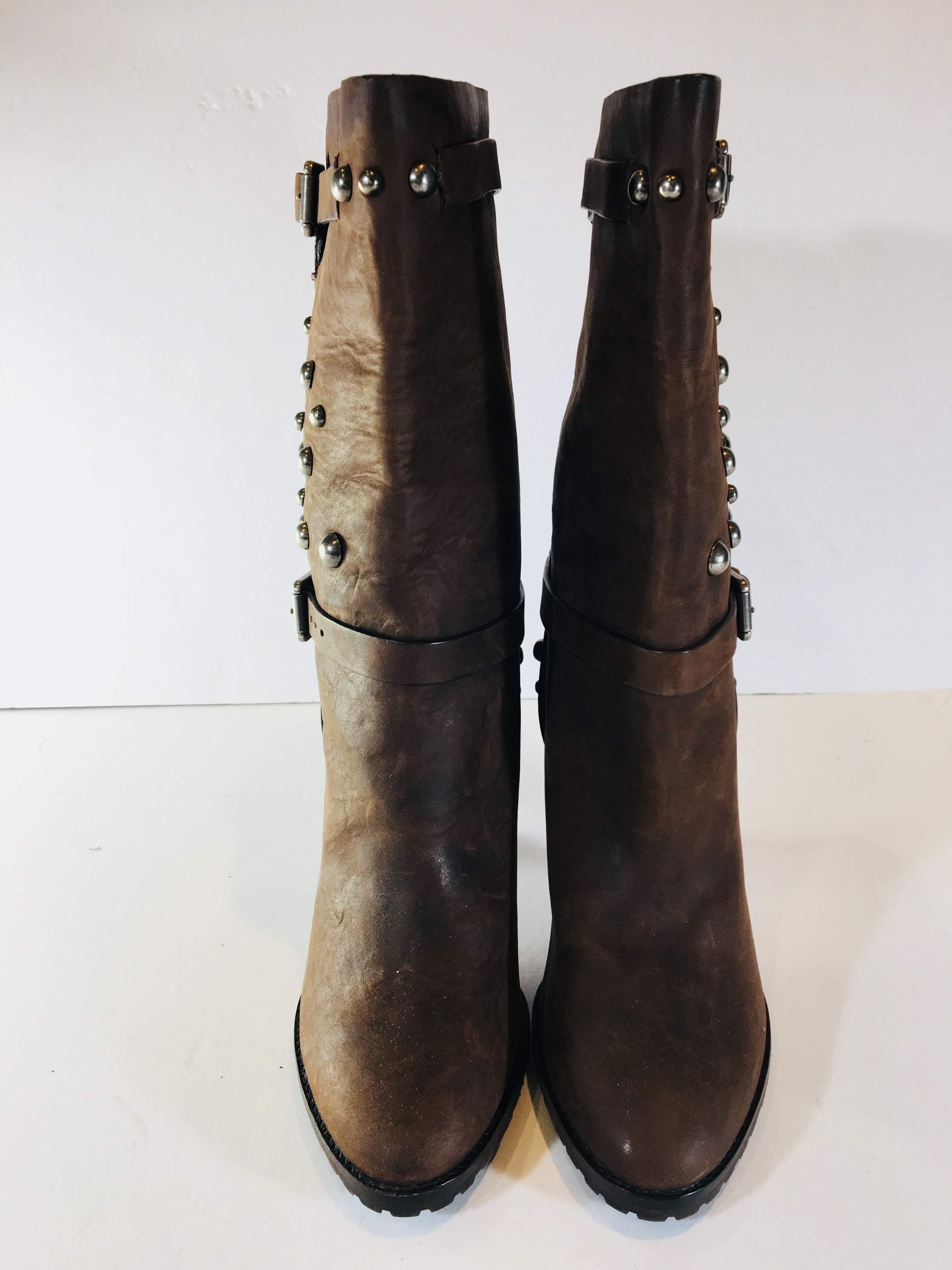 Ralph Lauren Purple Label Size 8 Brown Leather High Heel Mid Calf Studded Boots