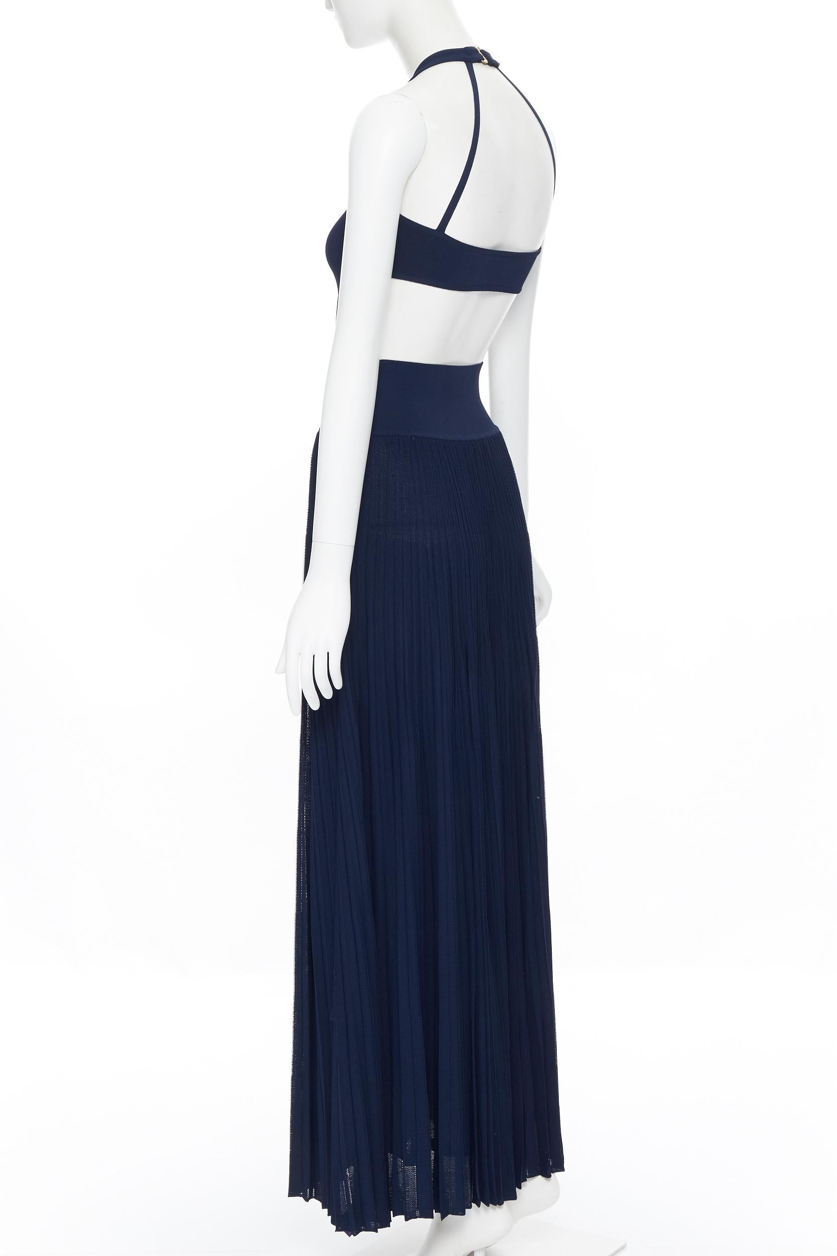Black RALPH LAUREN PURPLE LABEL navy blue viscose knit cut out pleated skirt gown US4