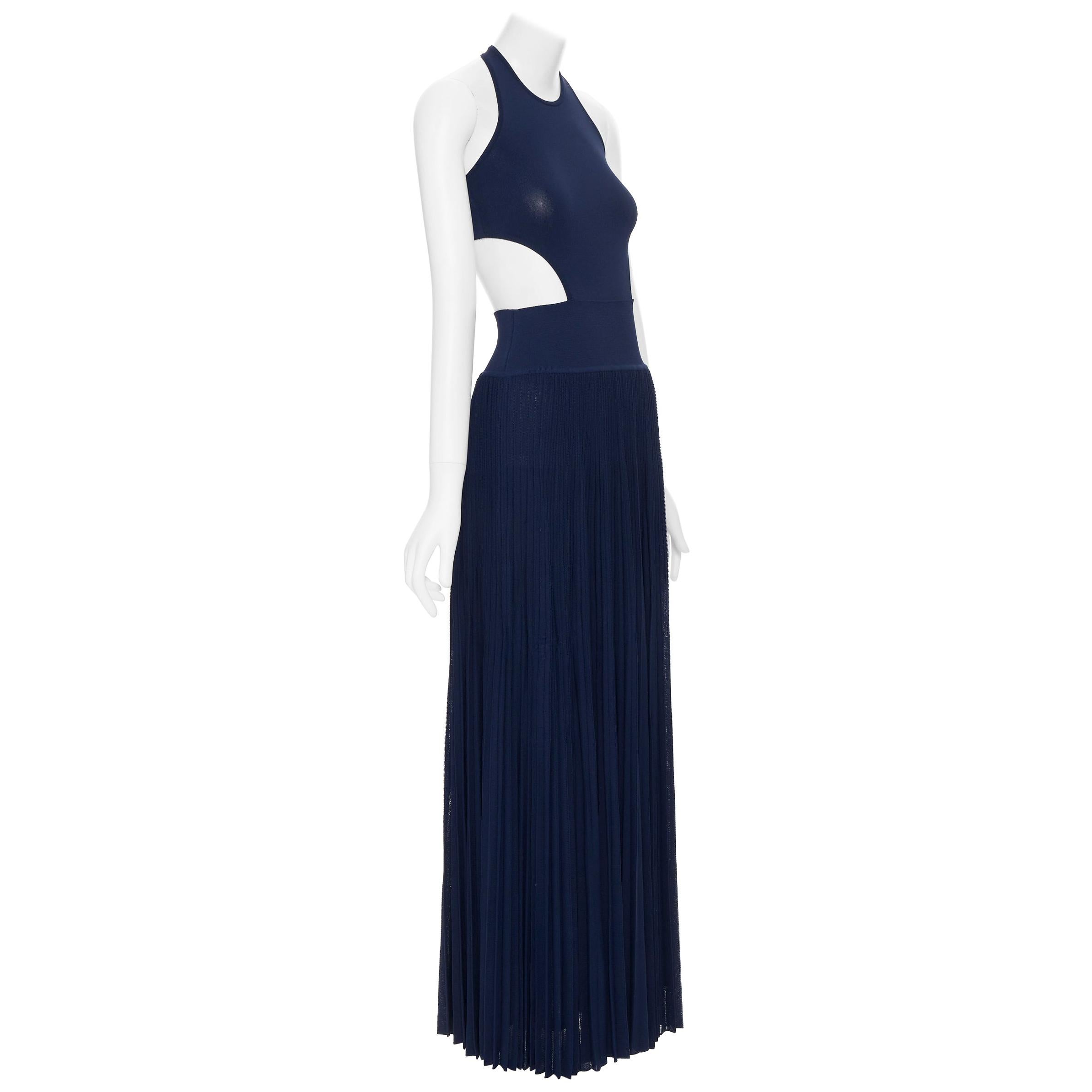 RALPH LAUREN PURPLE LABEL navy blue viscose knit cut out pleated skirt gown US4