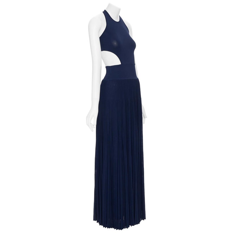 RALPH LAUREN PURPLE LABEL navy blue viscose knit cut out pleated skirt gown  US4 at 1stDibs