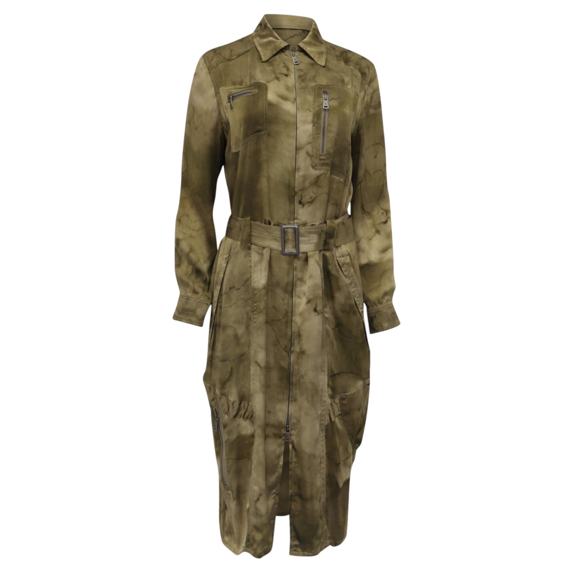 Pre-owned Ralph Lauren Purple Label Printed Shirt Dress With Belt In Green Silk