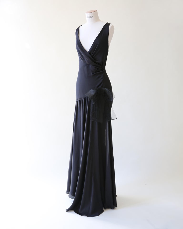 Ralph Lauren purple label S/S 2012 vintage black silk plunging bow gown  dress For Sale at 1stDibs
