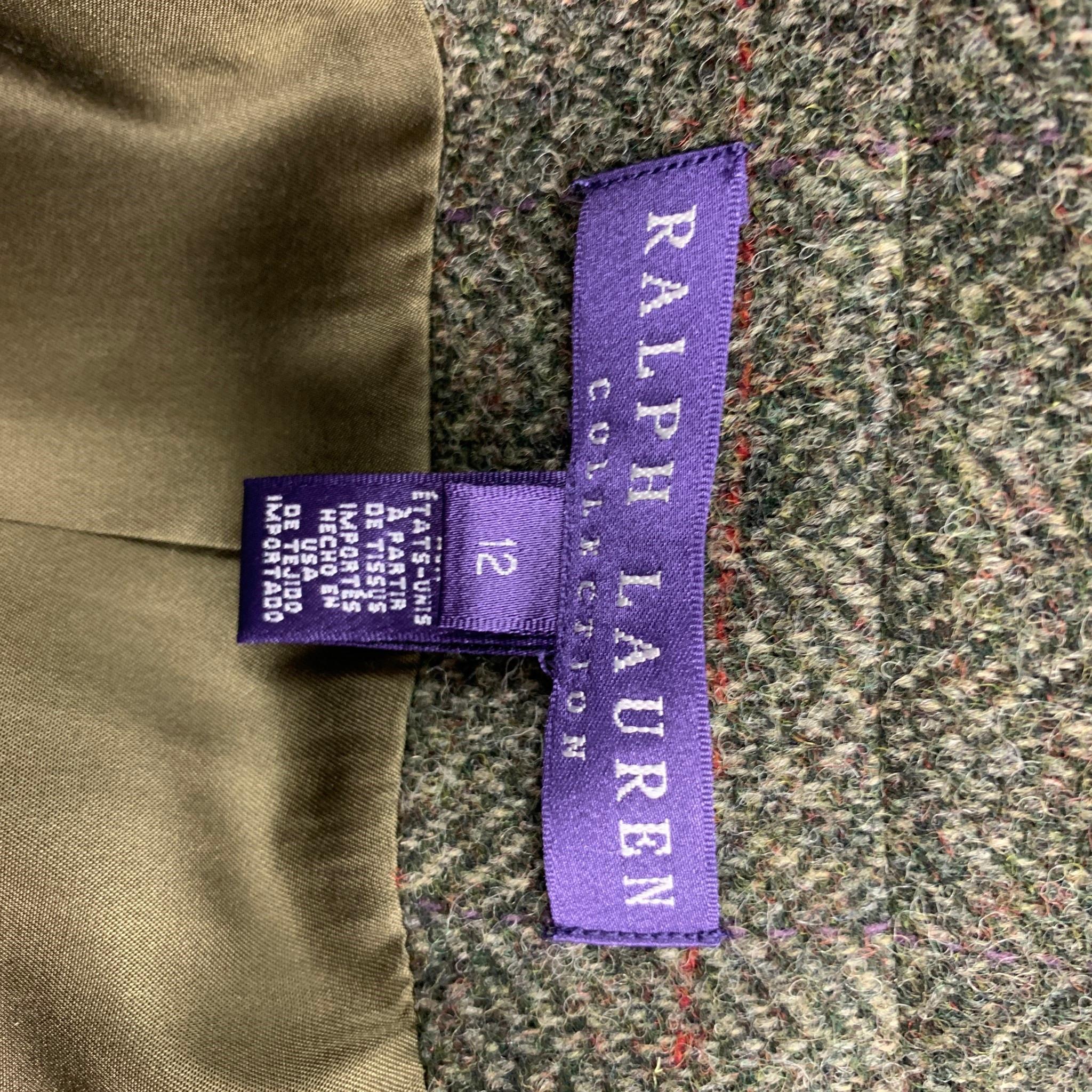 Black RALPH LAUREN Purple Label Size 12 Olive Brown Herringbone Wool Peak Lapel Jacket