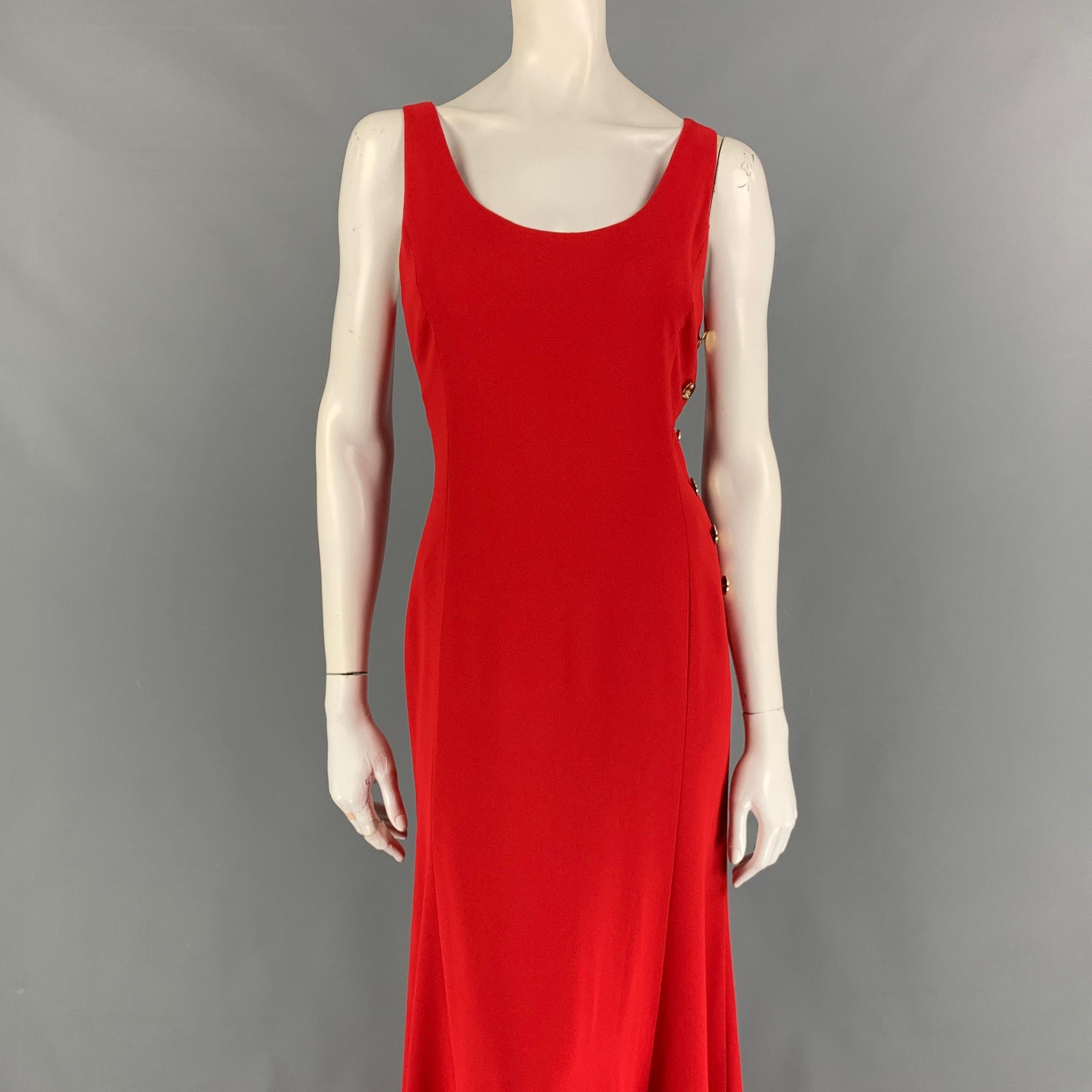 RALPH LAUREN Collection dress comes in a red polyester featuring a sleeveless style, a-line, gold tone button details, and a back zip up closure. Made in Italy.

Very Good Pre-Owned Condition.
Marked: 8

Measurements:

Bust: 34 in.
Waist: 31