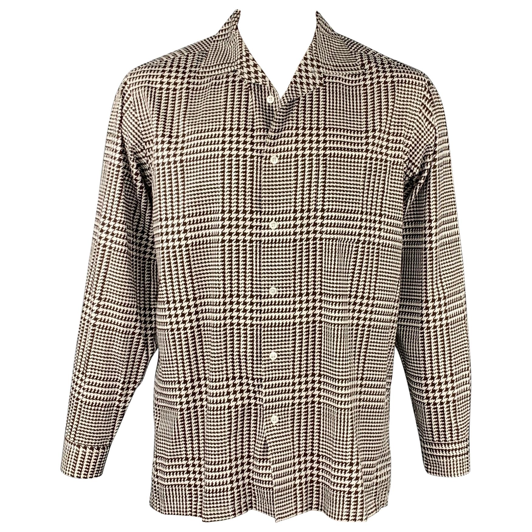 RALPH LAUREN Purple Label Size L White & Brown Houndstooth Cotton Shirt