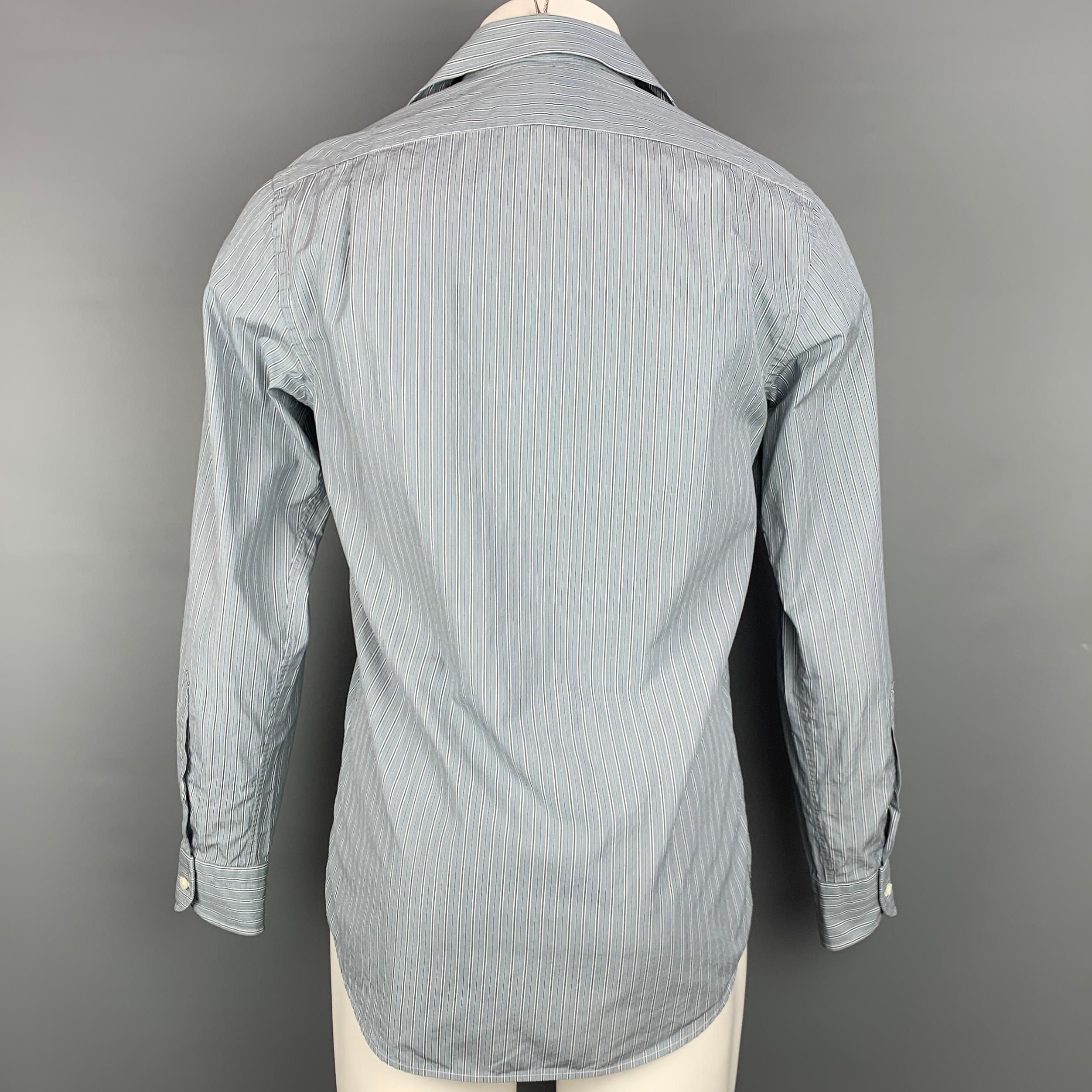 Gray RALPH LAUREN Purple Label Size S Blue & Grey Stripe Cotton Spread Collar Shirt