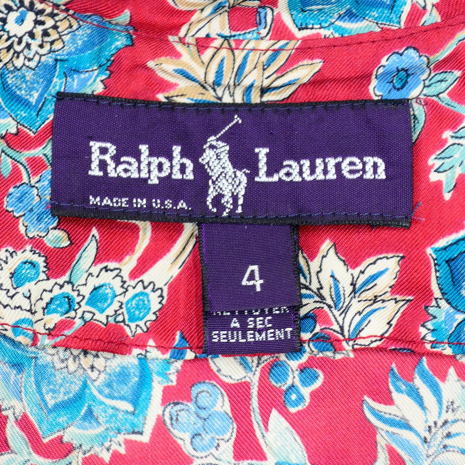 Ralph Lauren Purple Label Vintage Red Silk Ruffled Wrap Dress W/ Blue Flowers For Sale 2