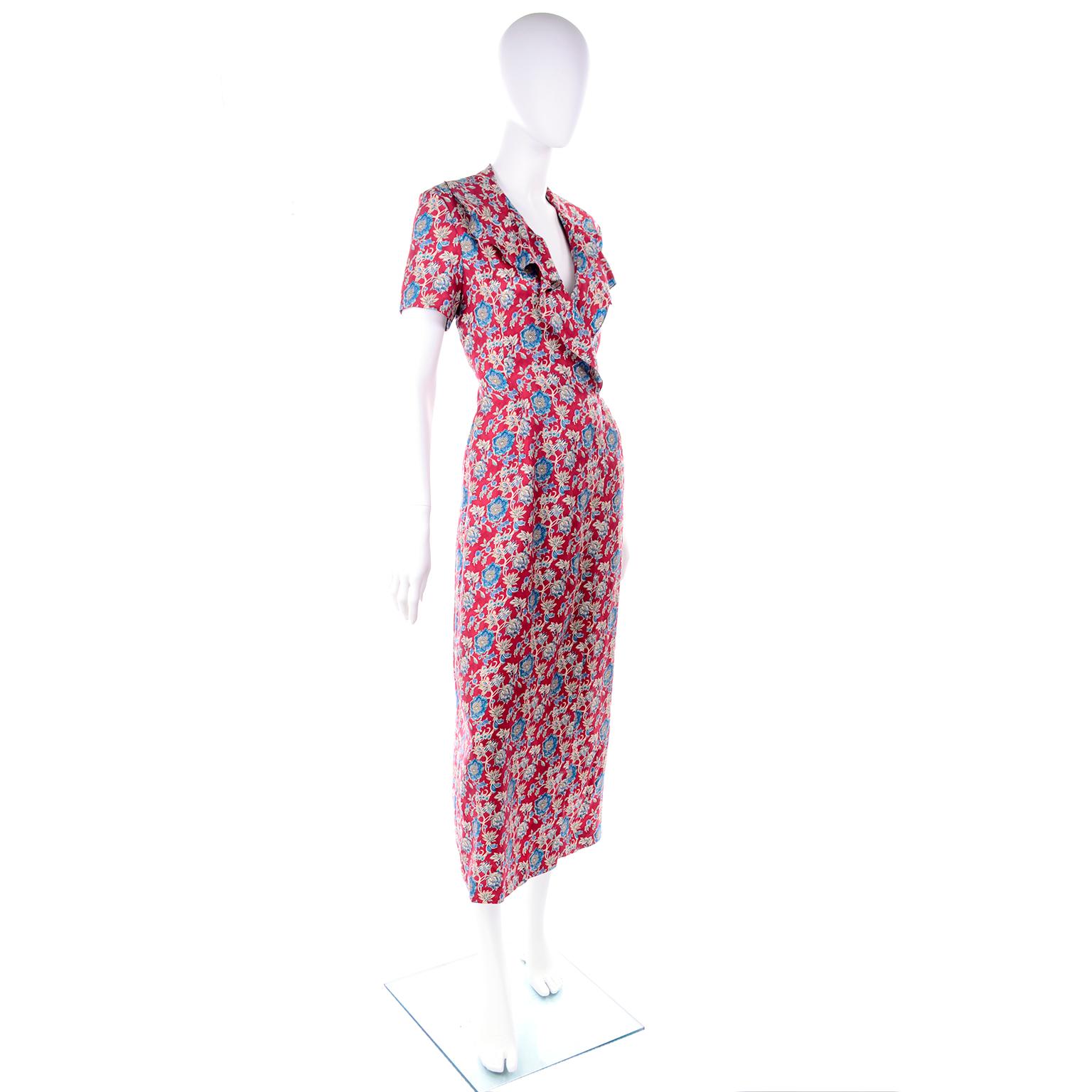 Brown Ralph Lauren Purple Label Vintage Red Silk Ruffled Wrap Dress W/ Blue Flowers For Sale