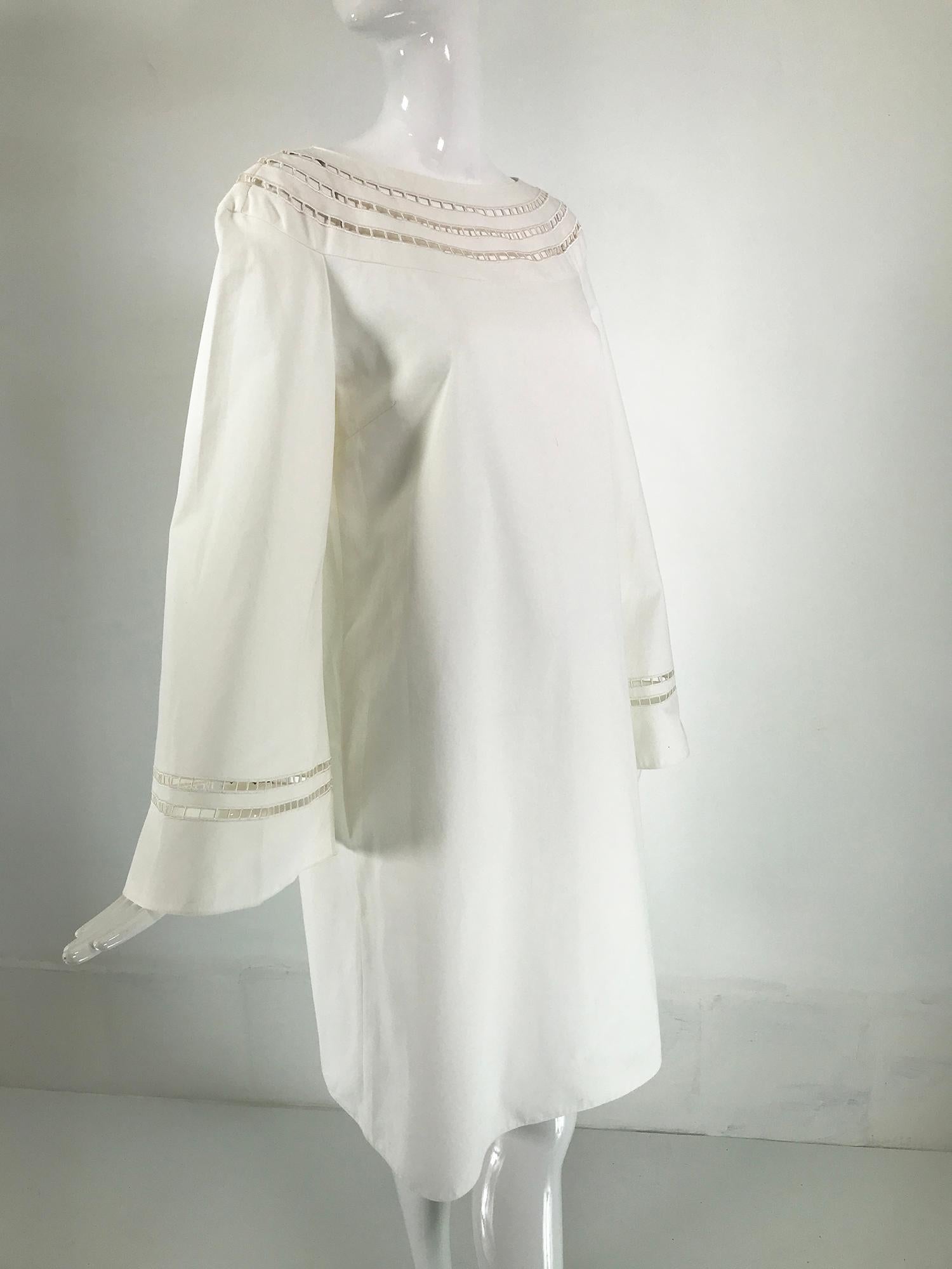 Ralph Lauren Purple Label White Cotton Bell Sleeve A Line Open Work Dress For Sale 7