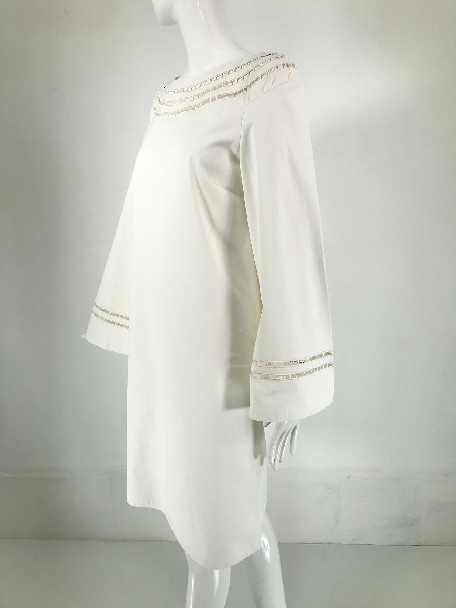 Gray Ralph Lauren Purple Label White Cotton Bell Sleeve A Line Open Work Dress For Sale