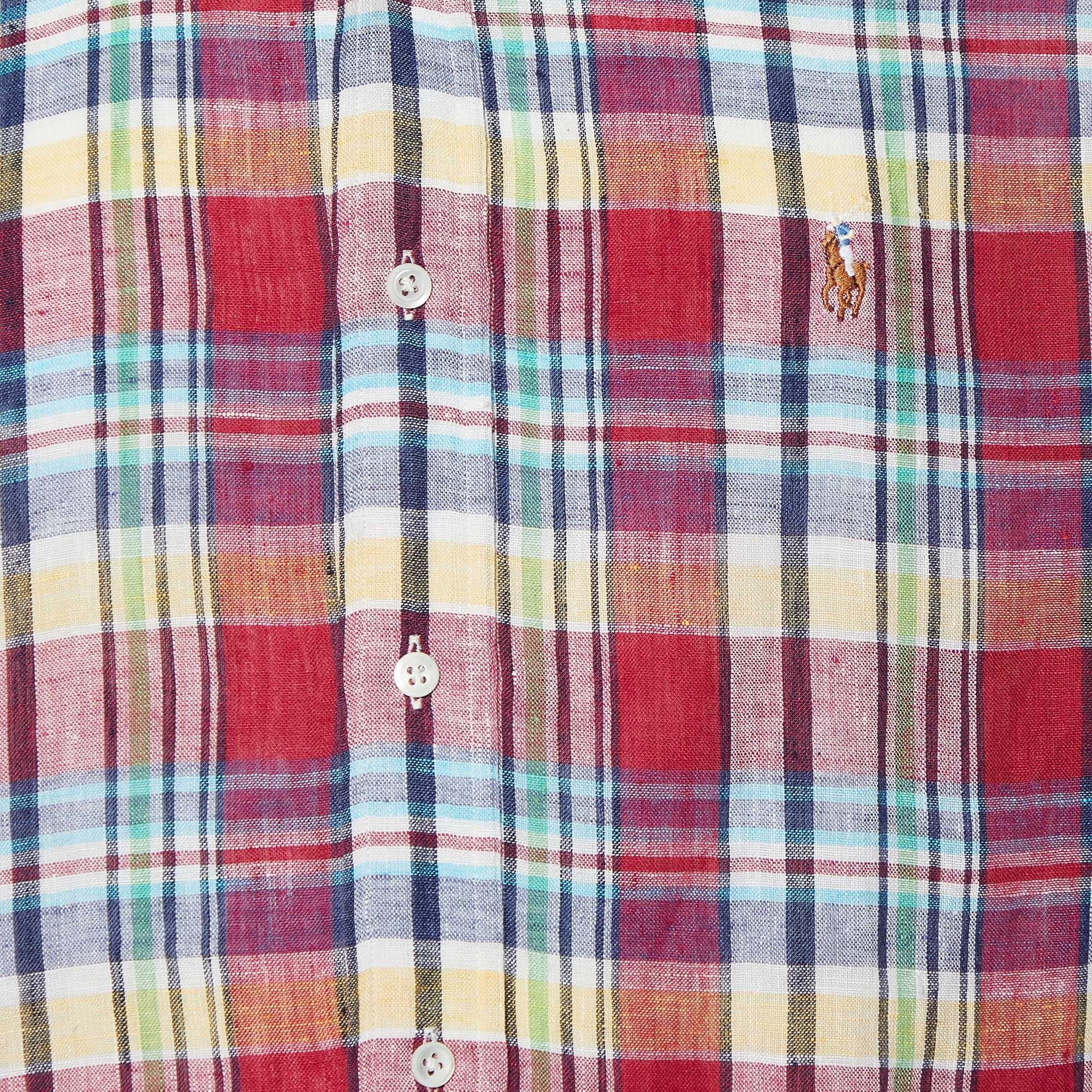 Ralph Lauren Camisa Clásica de Lino Roja a Cuadros M Gris