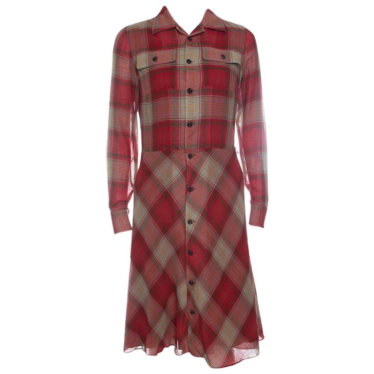 Ralph Lauren Red Cotton Plaid Long Sleeve Shirt Dress S For Sale at