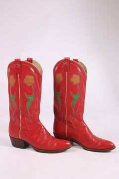 Ralph Lauren Red Leather Cowboy Boots w/Floral Motif 1980's