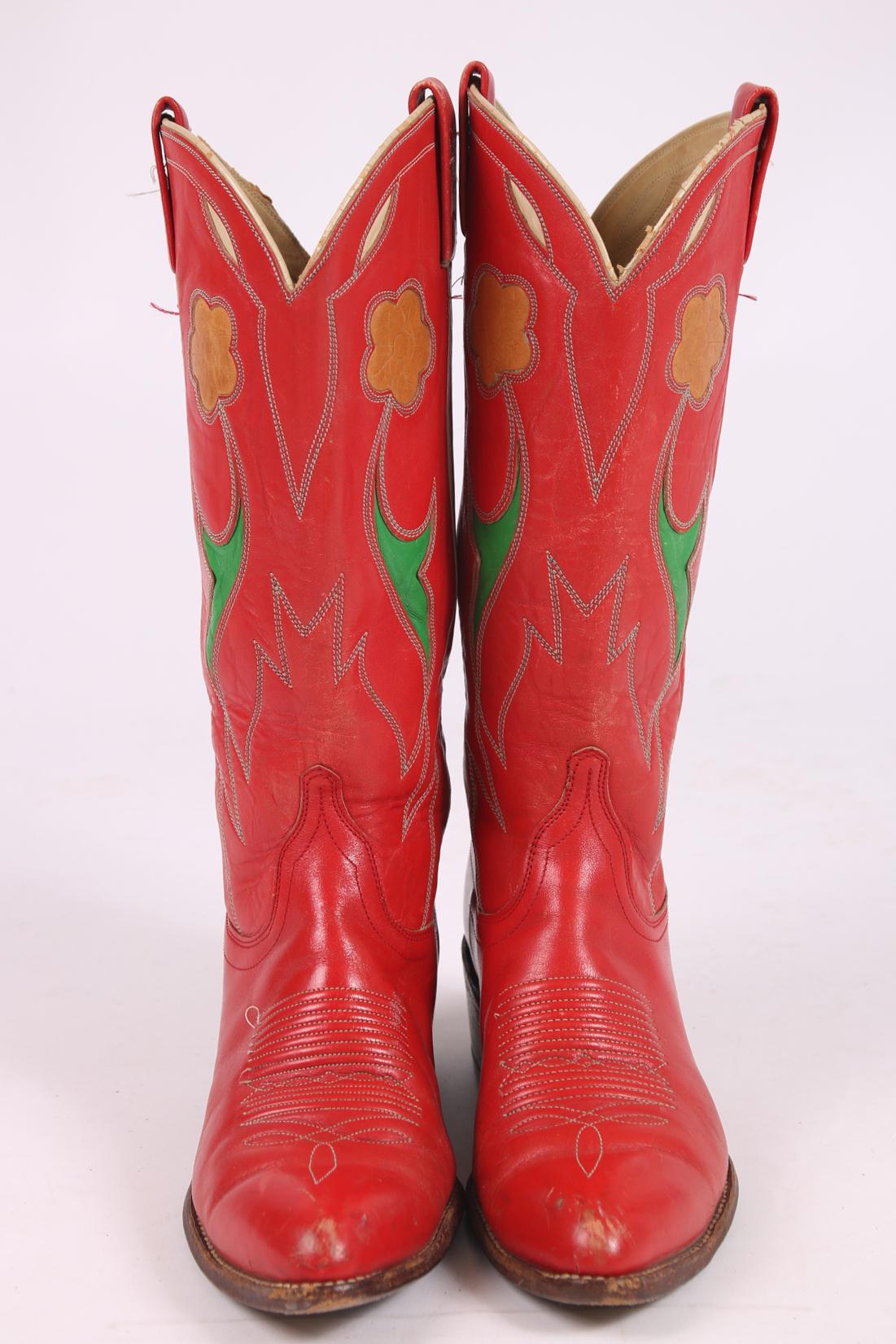 Ralph Lauren Red Leather Cowboy Boots w/Floral Motif 1980's In Good Condition In Studio City, CA