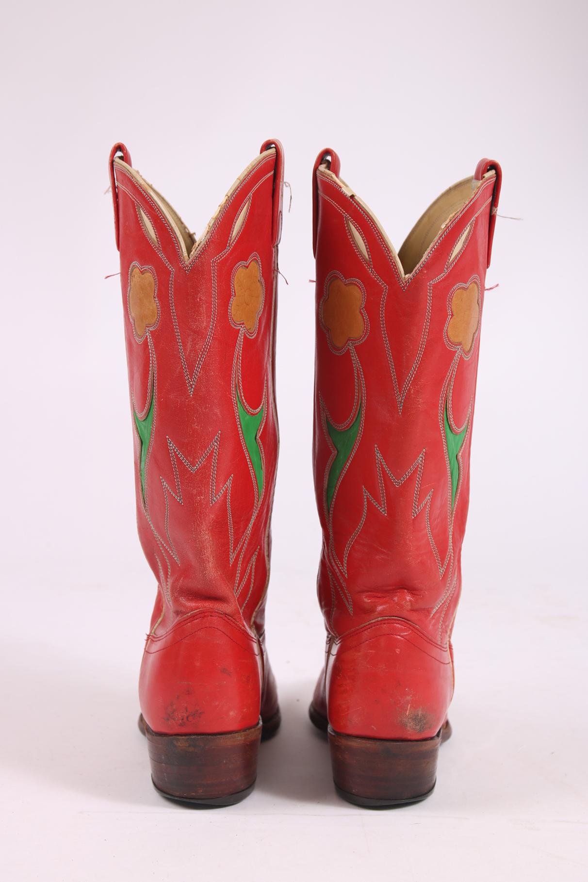 Women's or Men's Ralph Lauren Red Leather Cowboy Boots w/Floral Motif 1980's