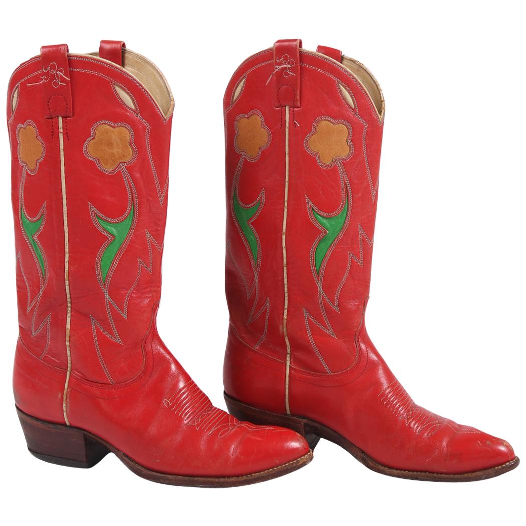 Ralph Lauren Red Leather Cowboy Boots w/Floral Motif 1980's