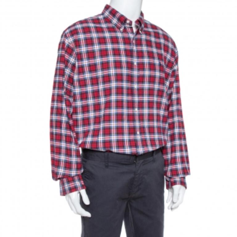 Ralph Lauren Red & Navy Blue Cotton Tartan Check Button Front Shirt XXL In Good Condition For Sale In Dubai, Al Qouz 2