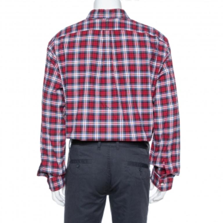 Men's Ralph Lauren Red & Navy Blue Cotton Tartan Check Button Front Shirt XXL For Sale