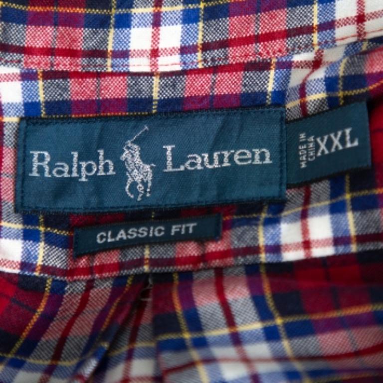 Ralph Lauren Red & Navy Blue Cotton Tartan Check Button Front Shirt XXL For Sale 1