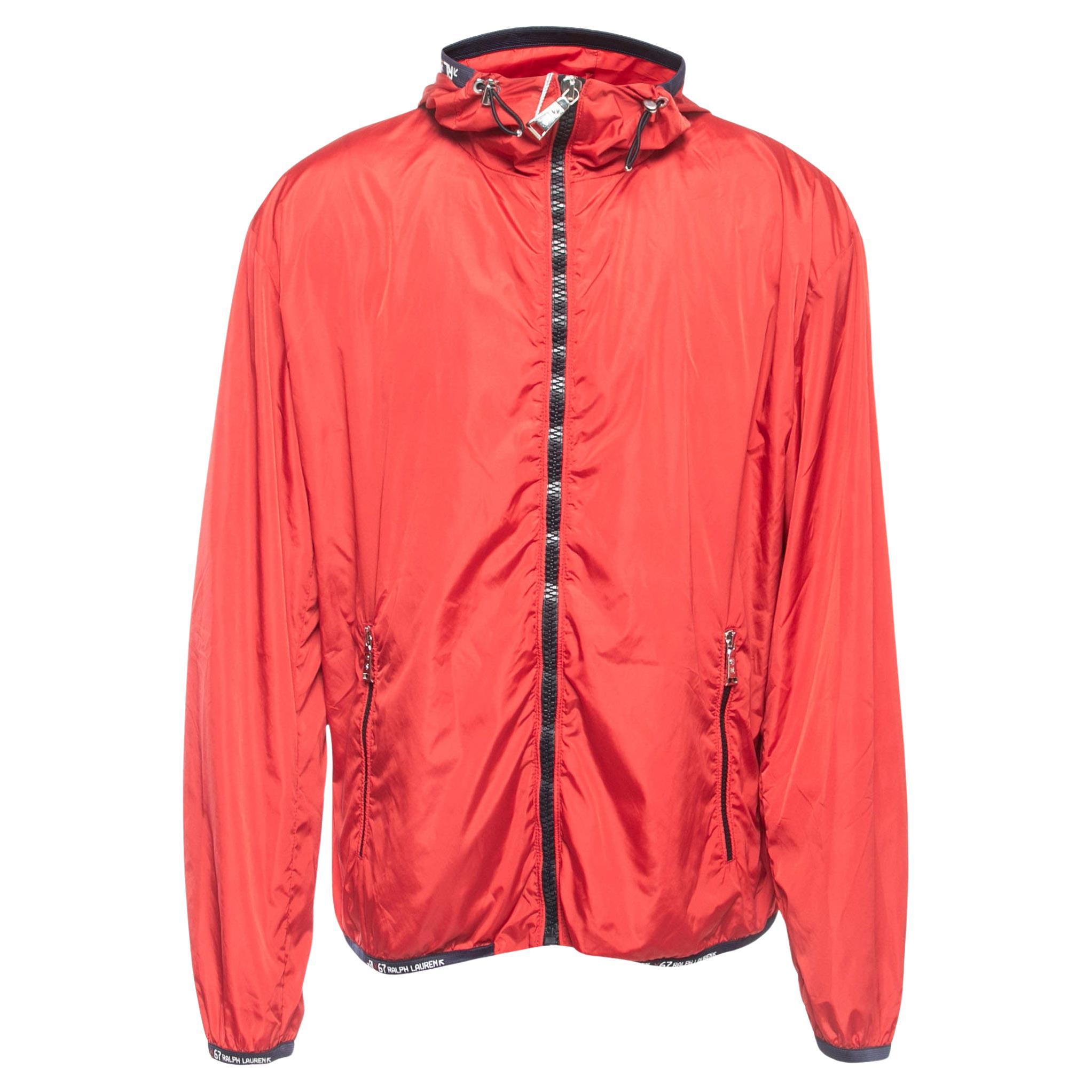 Ralph Lauren Red Nylon Zip Front Hooded Jacket XL For Sale