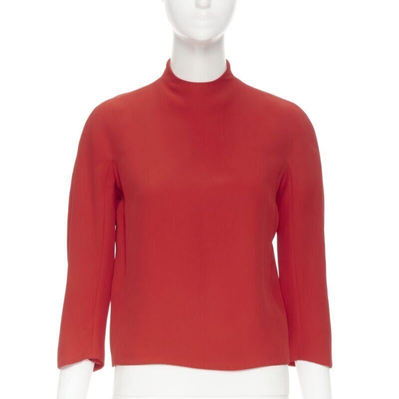 Red RALPH LAUREN red viscose crepe silk lined mock neck 3/4 sleeve top US0 XS For Sale