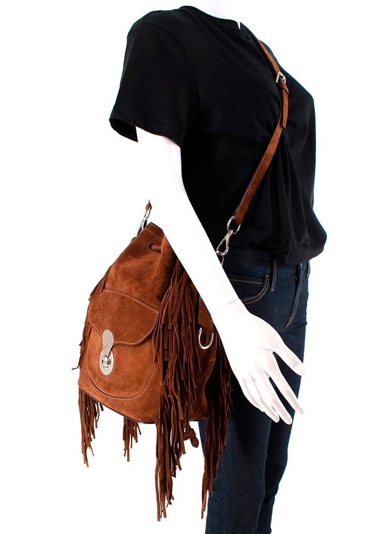 Ralph Lauren Ricky Brown Fringed Suede Bucket Bag For Sale at 