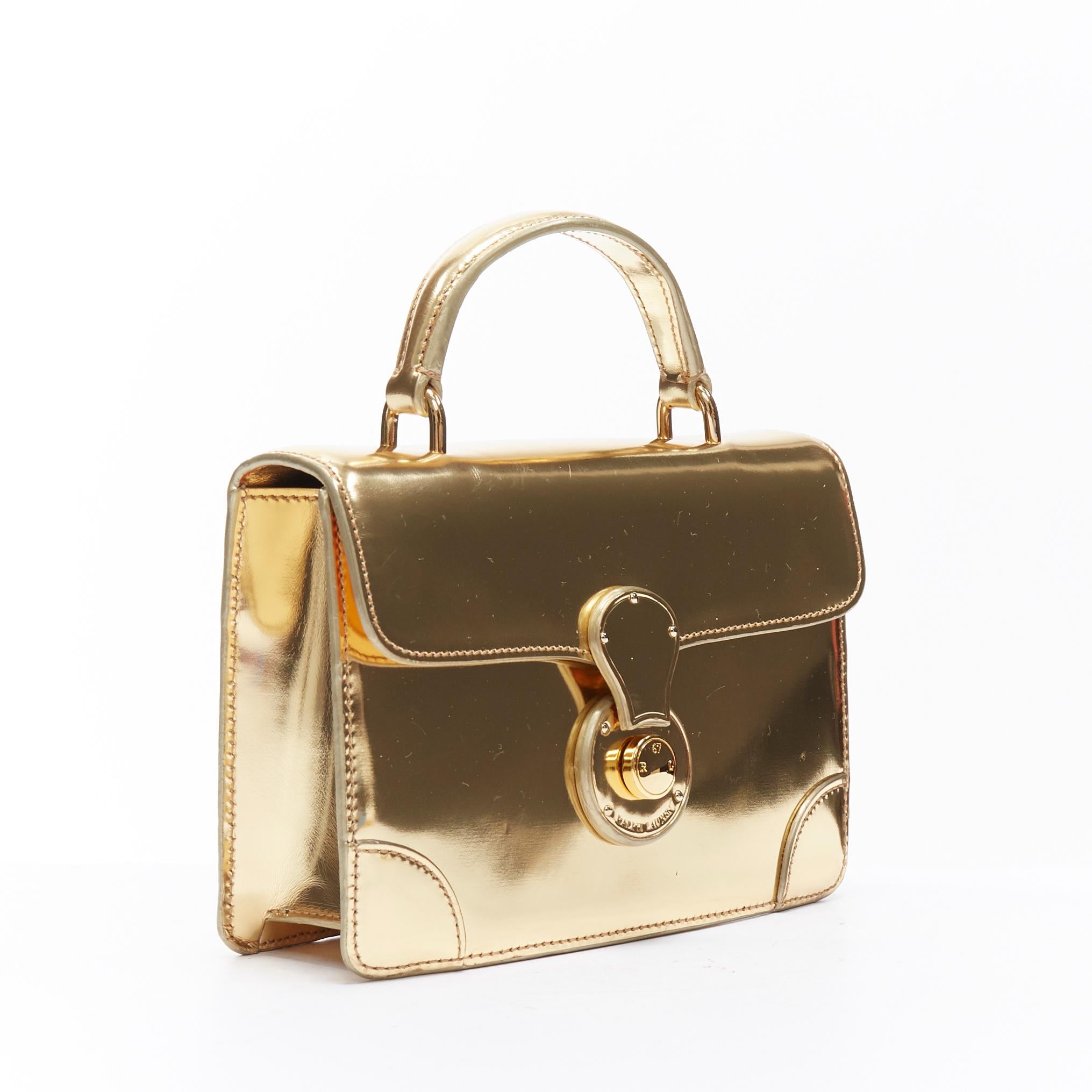 Gold RALPH LAUREN Ricky mirrored gold lock flap leather crossbody small satchel bag