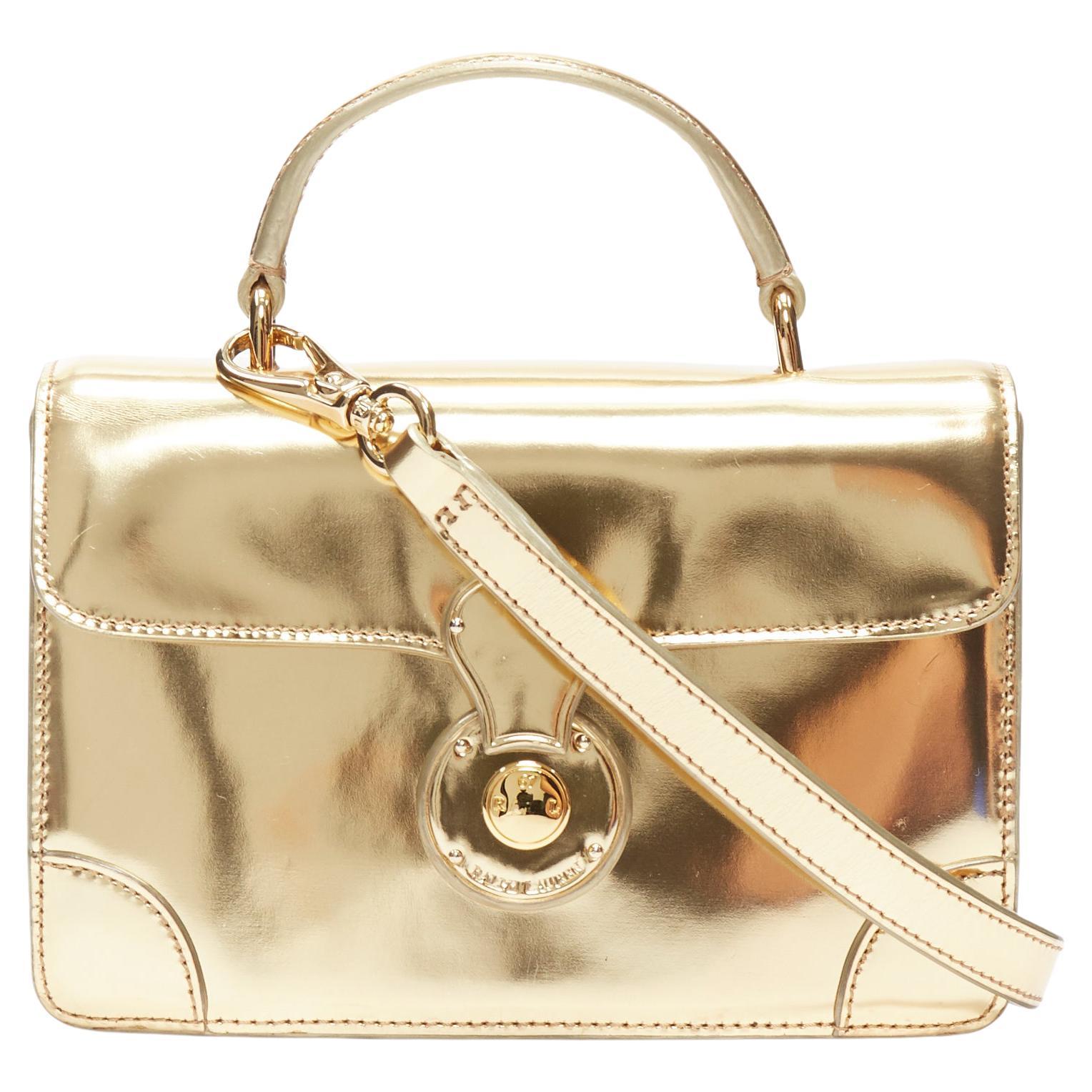 RALPH LAUREN Ricky mirrored gold lock flap leather crossbody small satchel bag