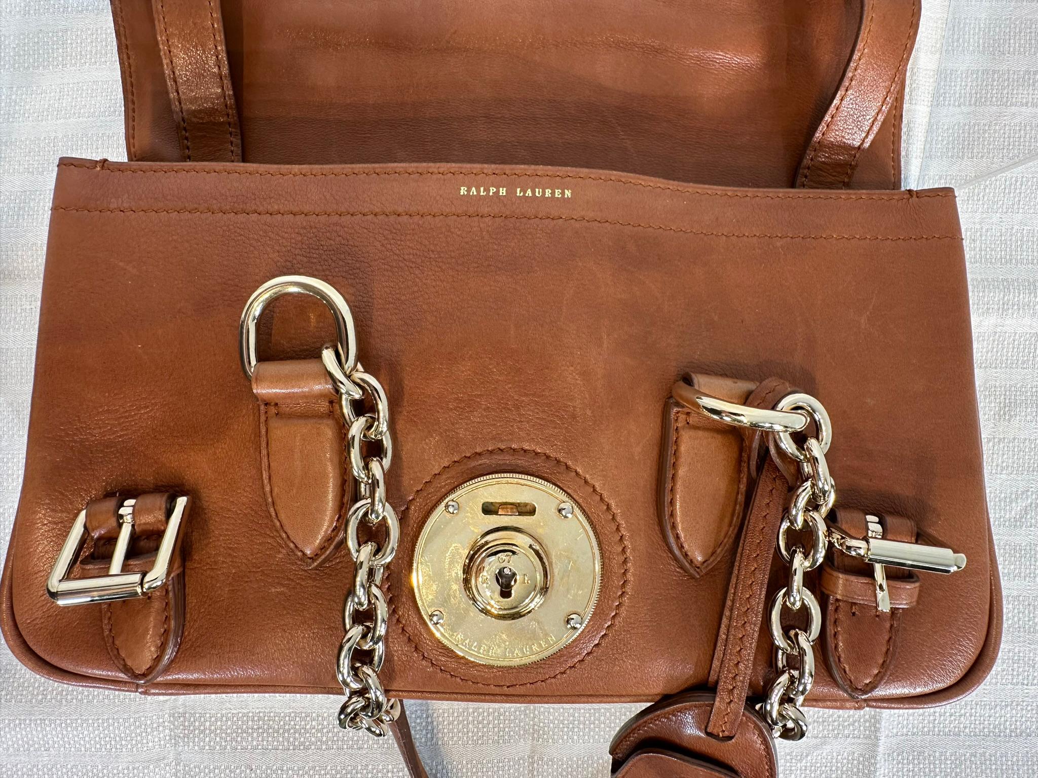 Ralph Lauren Ricky Shoulder Bag Chain Handles Cognac Leather Gold Hardware 8